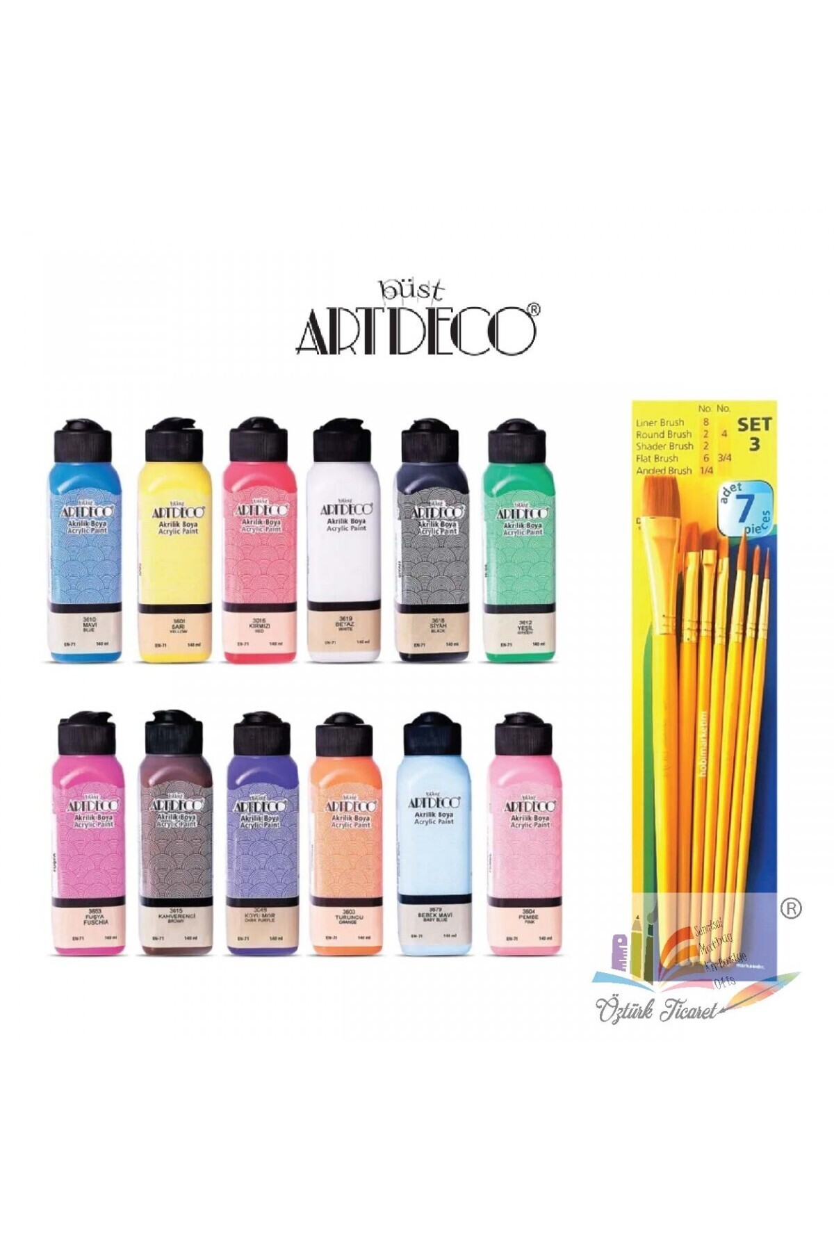 E&D ART Artdeco 140ml Akrilik Boya 12'li SET + FANART FIRÇA Set 3 (FIRÇA SETİ HEDİYELİ)