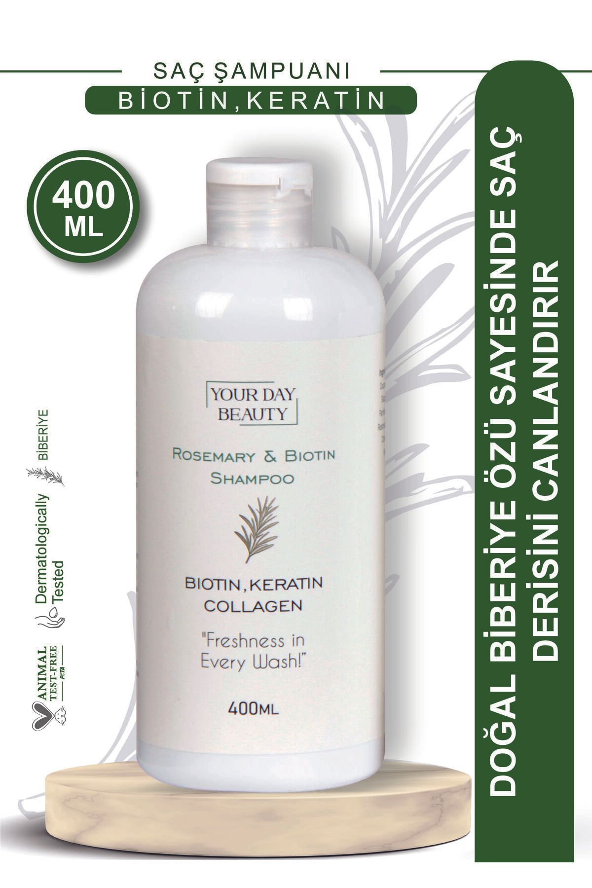 Your Day Beauty Biberiye Özlü Saç Şampuanı 400 ml – Biotin, Keratin ve Kolajen İçerikli, Saç Derisini Canlandırıcı