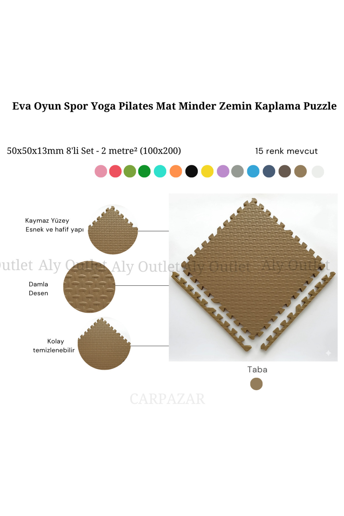 CARPAZAR Damla Desen Tatami Eva Spor Yoga Pilates Oyun Matı Halısı Minderi Puzzle 50x50 13mm 8 Adet 100x200 fotoğrafı 3 (önizleme)