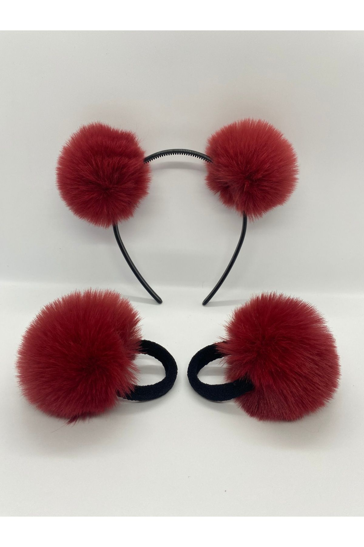 TOKA&TOKA 3'lü Set Peluş Tüy Büyük Ponponlu Tac Ve 2 Adet Lastikli Toka