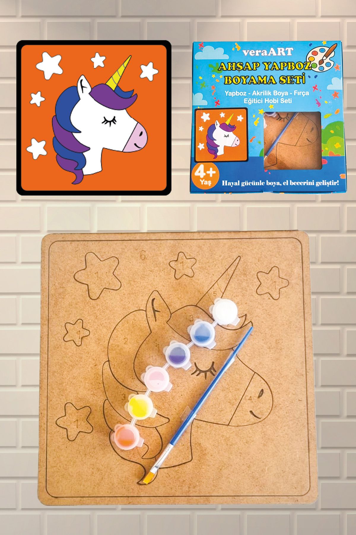 veraART Ahşap Unicorn Boyama Seti Yapboz Akrilik Boya Fırça Sanat Hobi Set Eğitici Boyama Oyuncak
