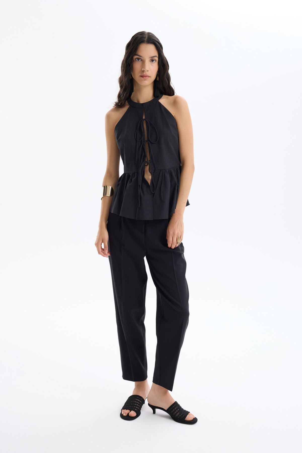 Quzu-Front Lace-Up Halter Neck Blouse Black 3