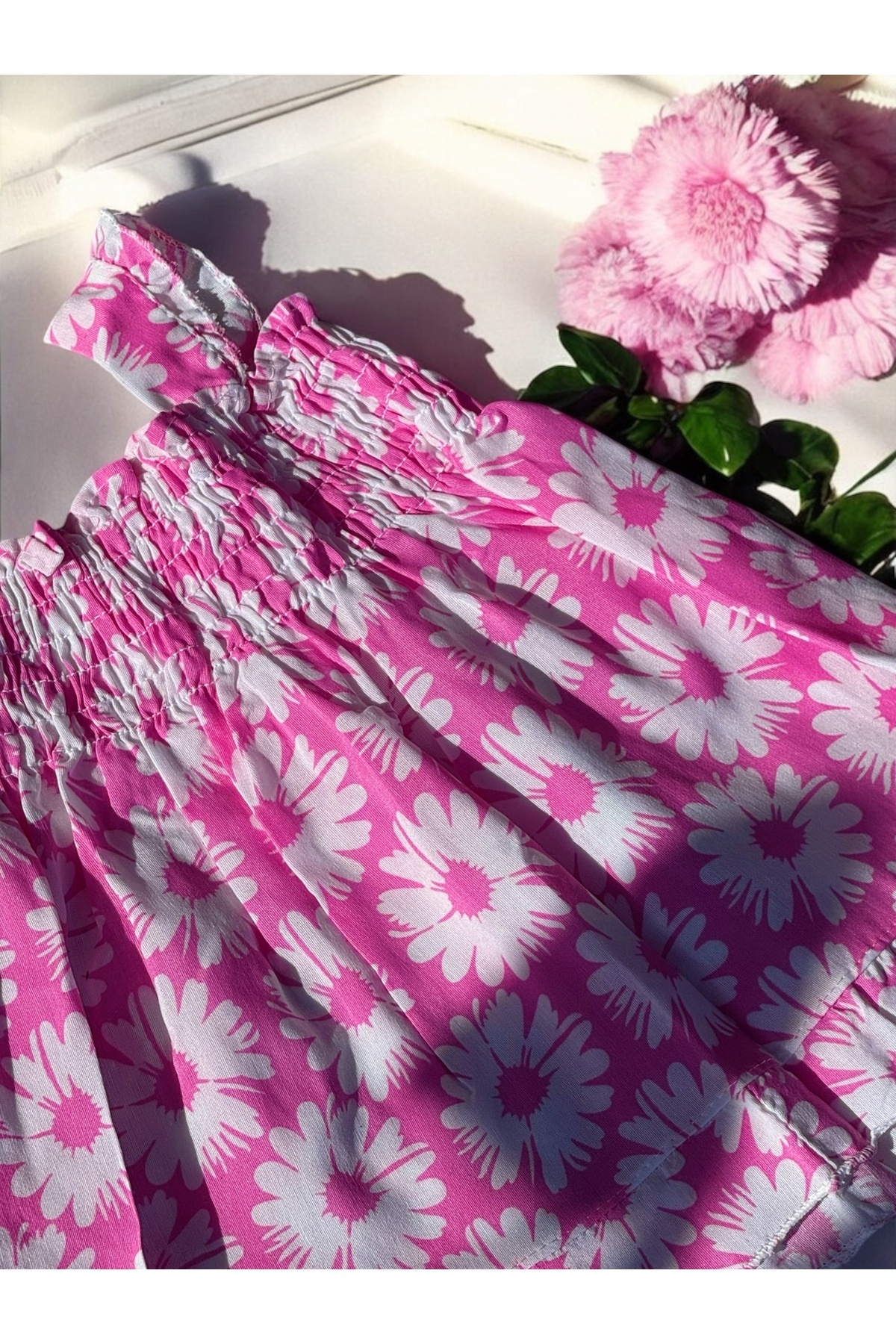 eradstore Yeni Sezon Kız Çocuk Çiçek detaylı Pembe Fırfır yazlık elbise/ Kız bebek elbise fotoğrafı 4 (önizleme)