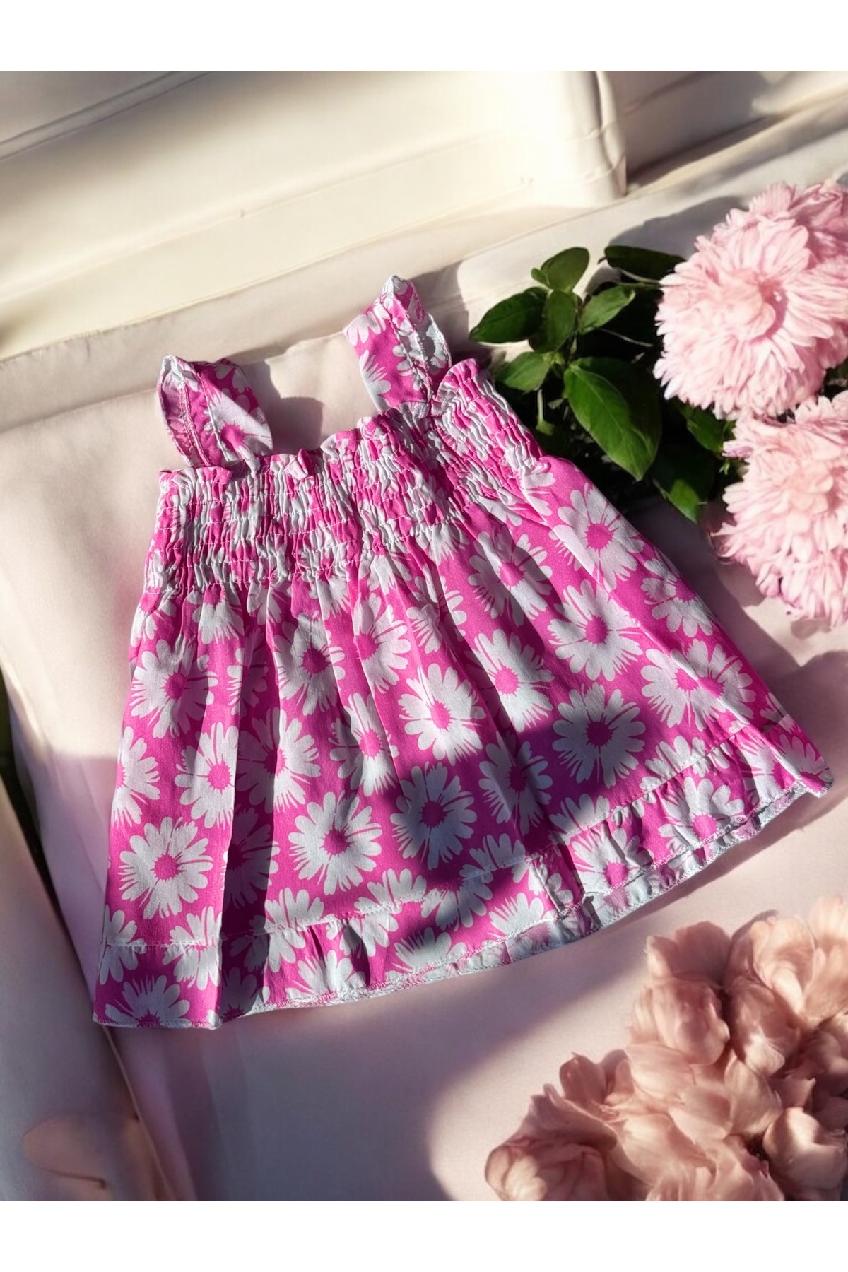 eradstore Yeni Sezon Kız Çocuk Çiçek detaylı Pembe Fırfır yazlık elbise/ Kız bebek elbise fotoğrafı 2 (önizleme)