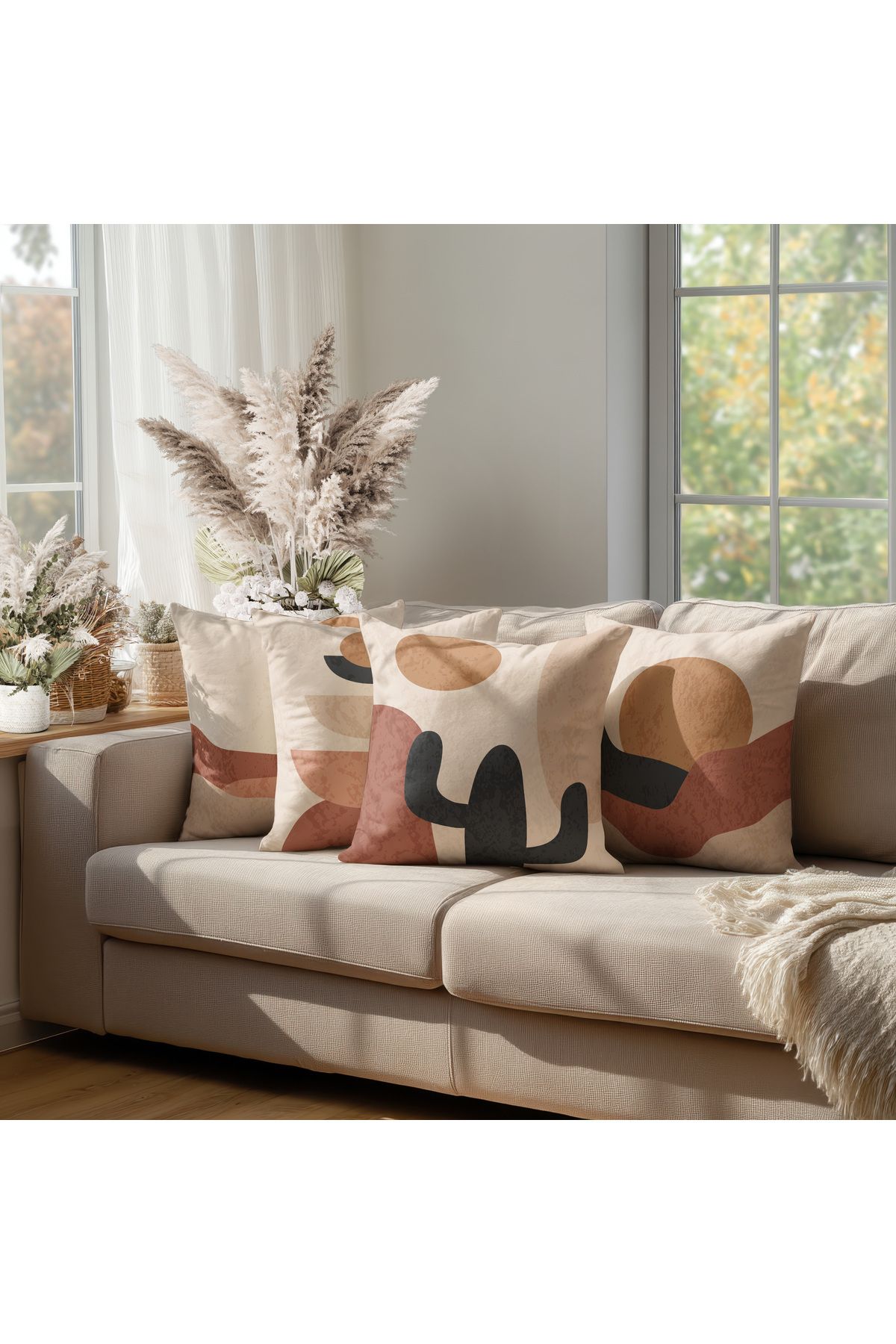 Karkan Tekstil Boho Çöl Tonları Dekoratif 4'lü Kırlent Kılıfı Seti
