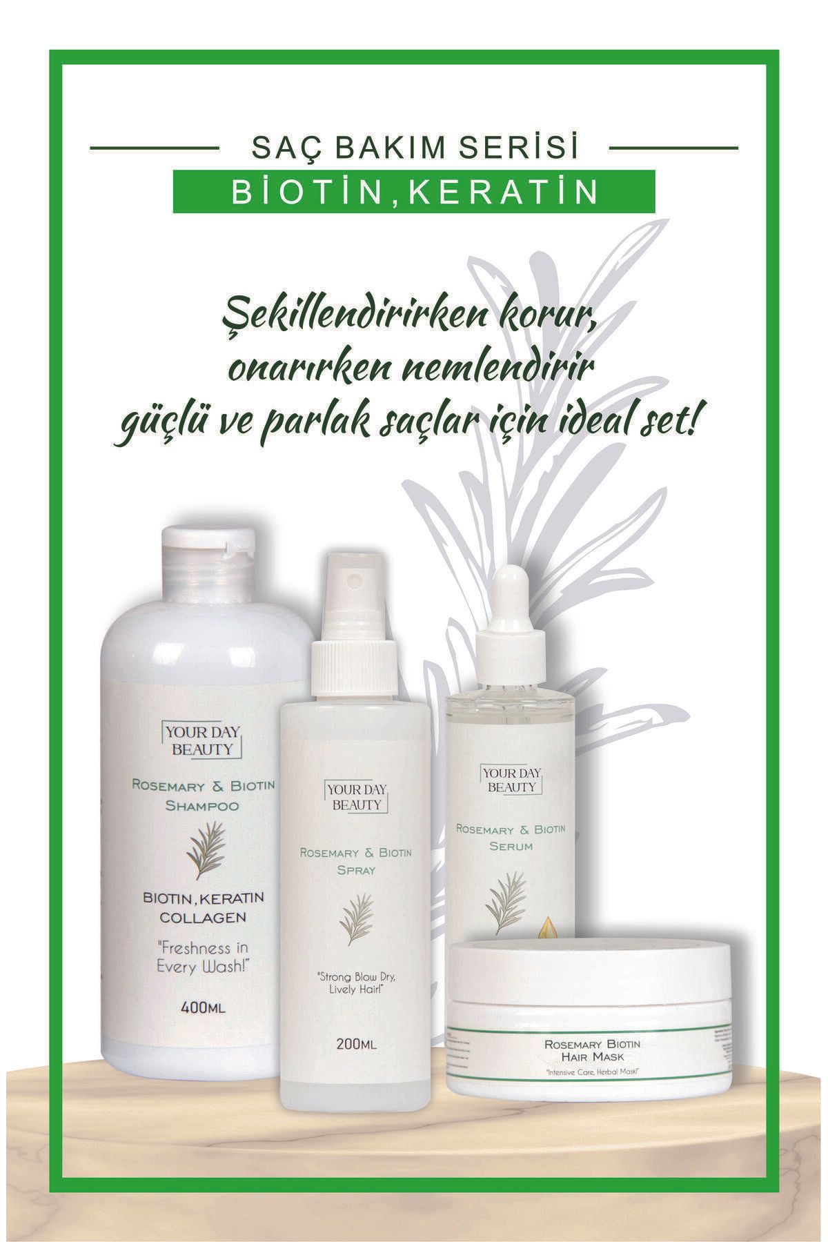 Your Day Beauty Biberiye Özlü Saç Bakım Seti – Biotin, Keratin, Kolajen İçerikli 4’lü Dökülme Karşıtı ve Onarıcı
