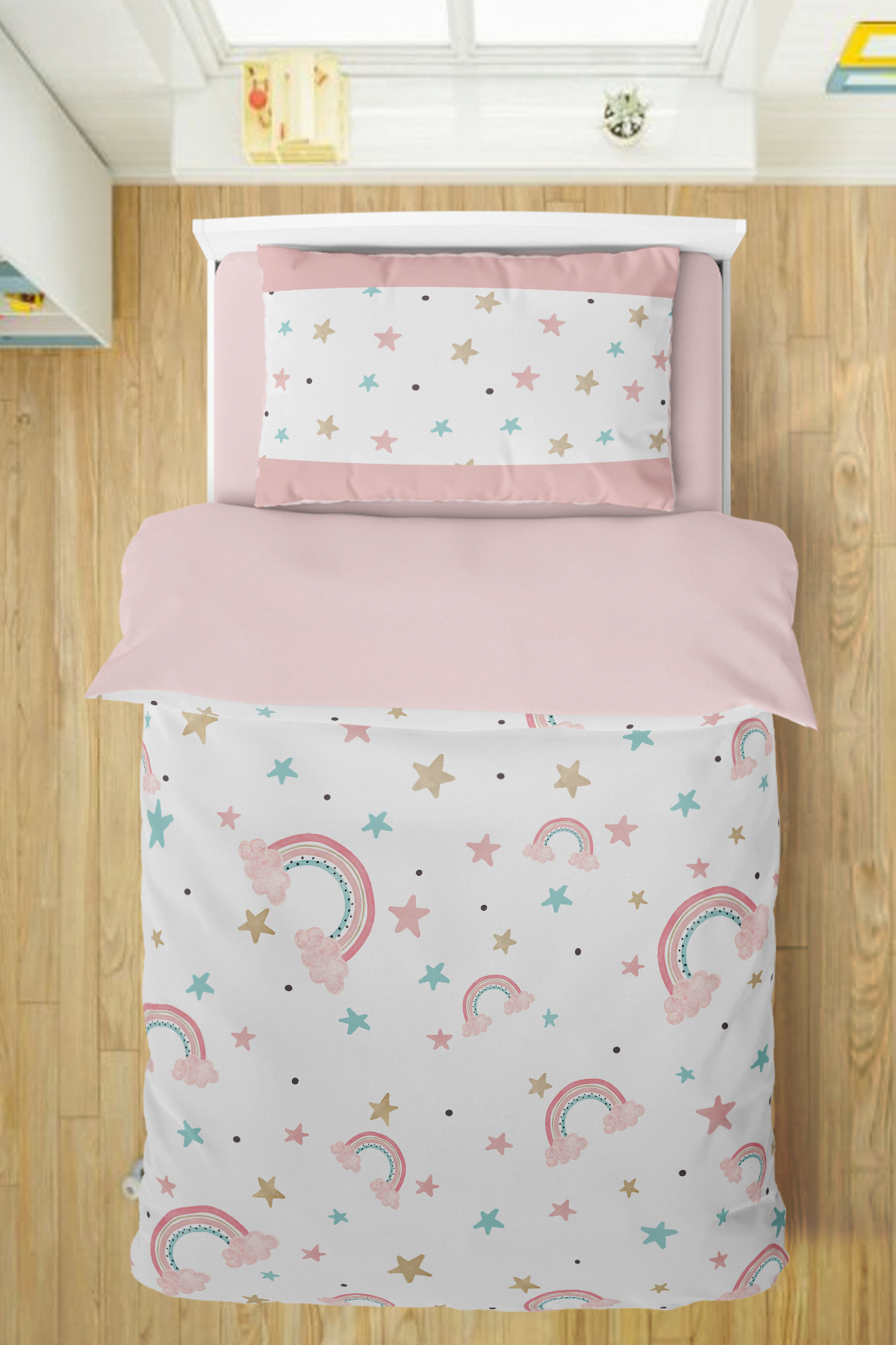 PINKIE HOME Pembe Gökkuşağı Desenli Çarşaflı Nevresim Takımı Çocuk Nevresim Takımı Çocuk Odası Nevresim Takımı fotoğrafı 2 (önizleme)