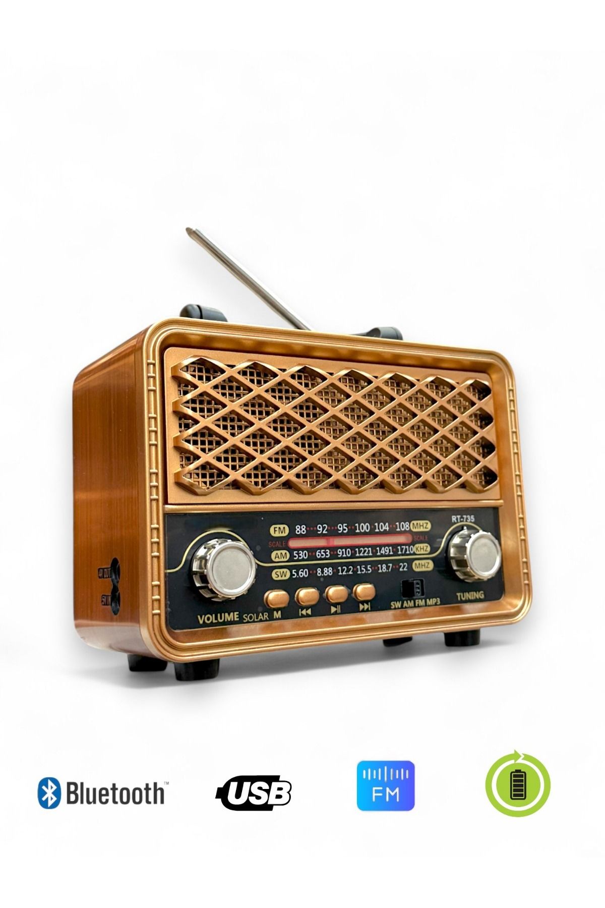ROYALTREND Nostalji Eskitme Radyo Güneş Panelli,Üç Bant Özellikli Nostaljik Radyo