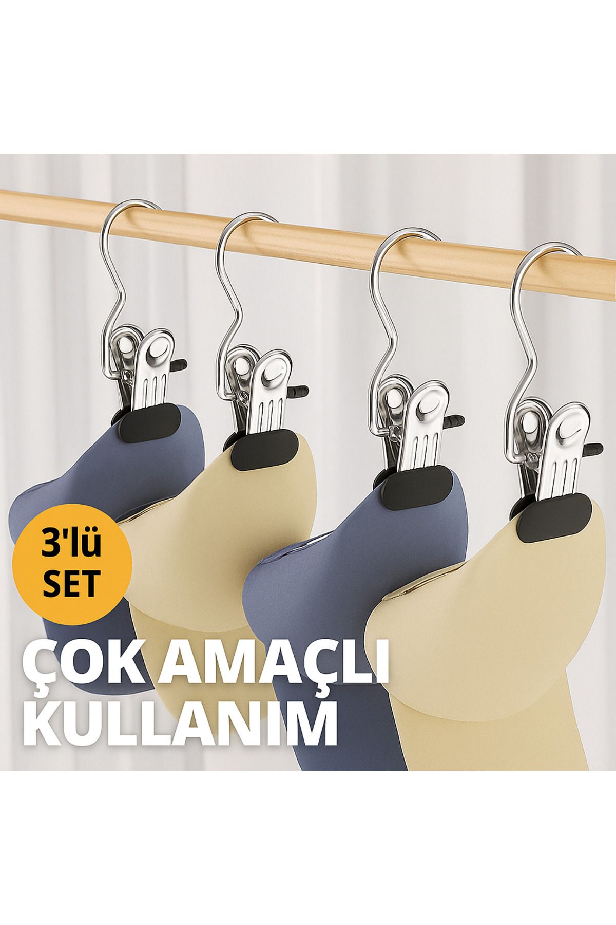btmhome 3’lü Klipsli Metal Askı – Paslanmaz Çelik, Taşınabilir, Kauçuk Kaplı, Elbise & Havlu Düzenleyici