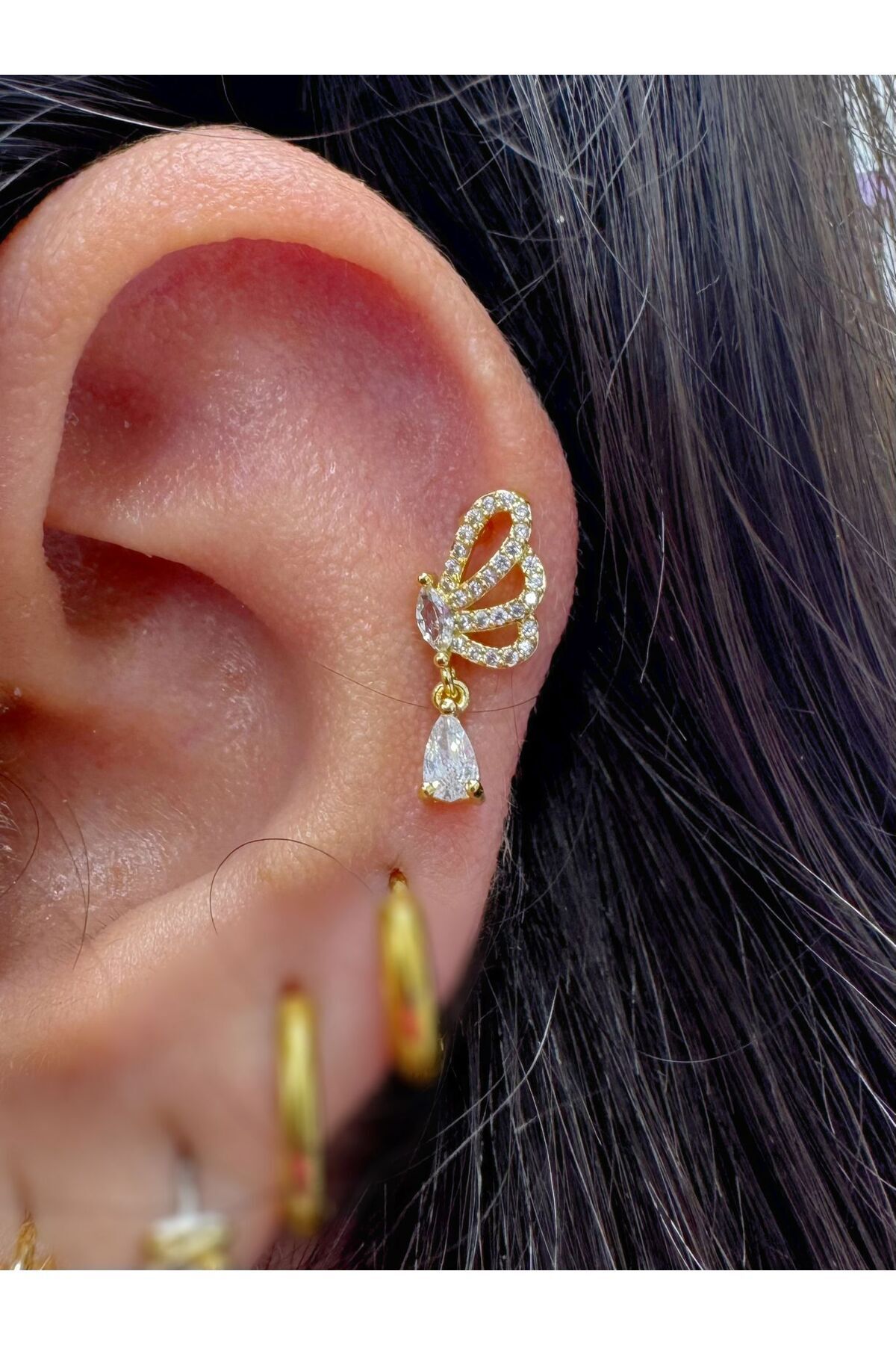 Arescollection-1Pc Zircon Cubic Zirconia Drop Dangle Left Ear Compatible Tragus Cartilage Helix Lobe Piercing Earring 1