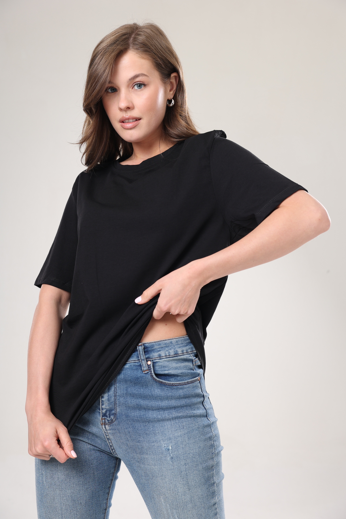 Tight Lady  Süper Kalite Kadın %100 Pamuk Siyah Bisiklet Yaka Oversize Boyfriend T-shirt - Görsel 6