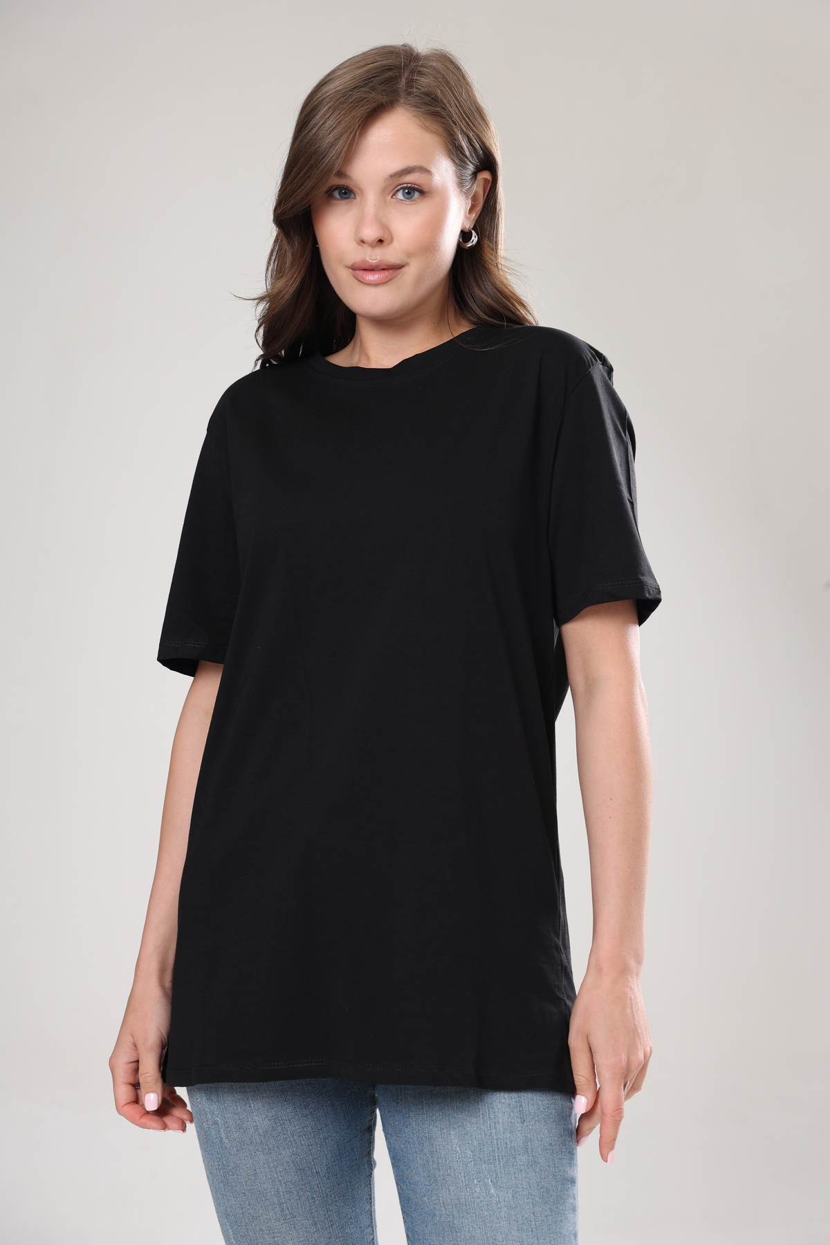 Tight Lady  Süper Kalite Kadın %100 Pamuk Siyah Bisiklet Yaka Oversize Boyfriend T-shirt - Görsel 4