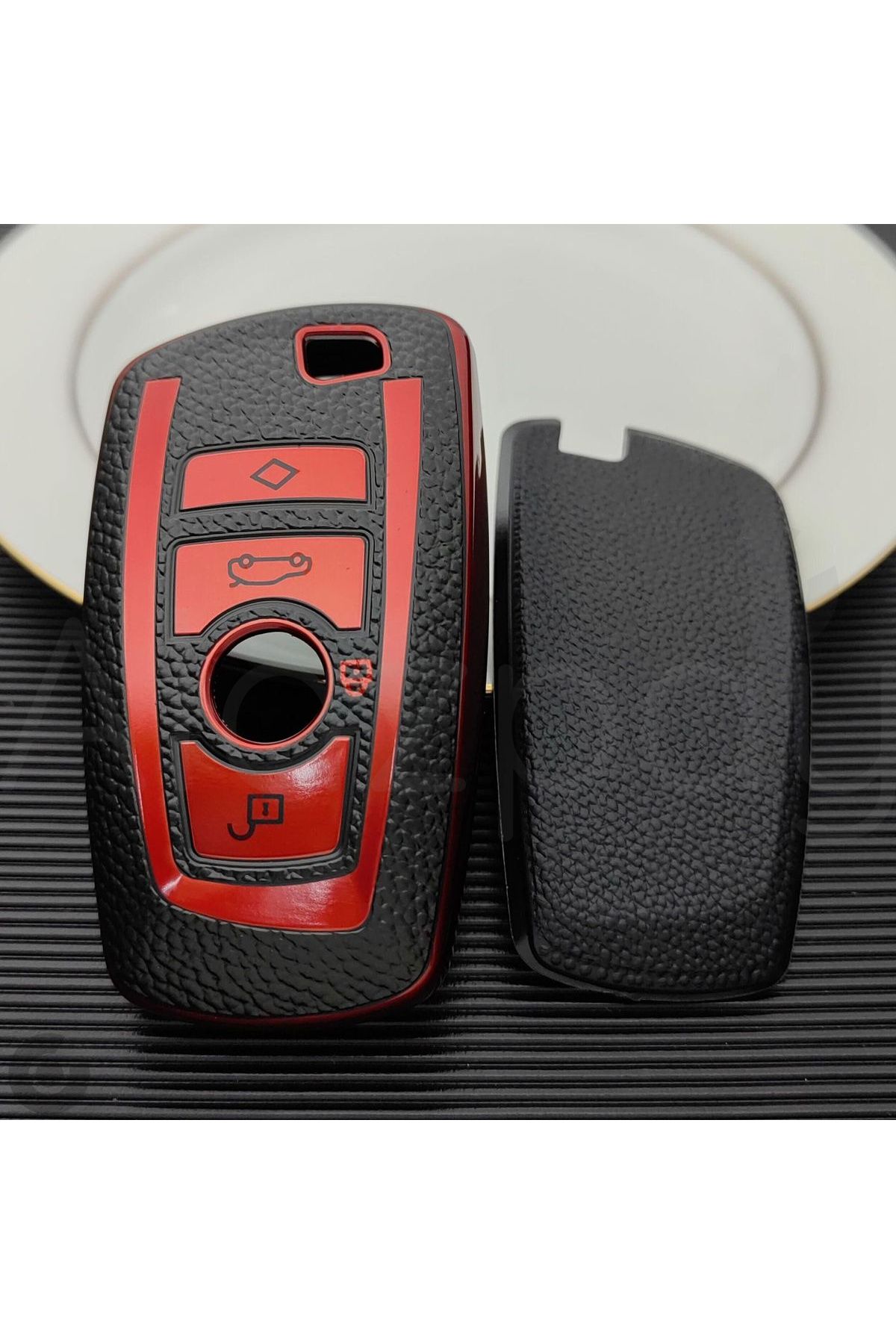 Alazpay BMW 1 3 5 7 Serisi F30 F25 F20 F18 F16 F15 F10 & X1 X3 X4 X5 Deri Görünüm TPU Anahtar Kılıfı (Krmzı)