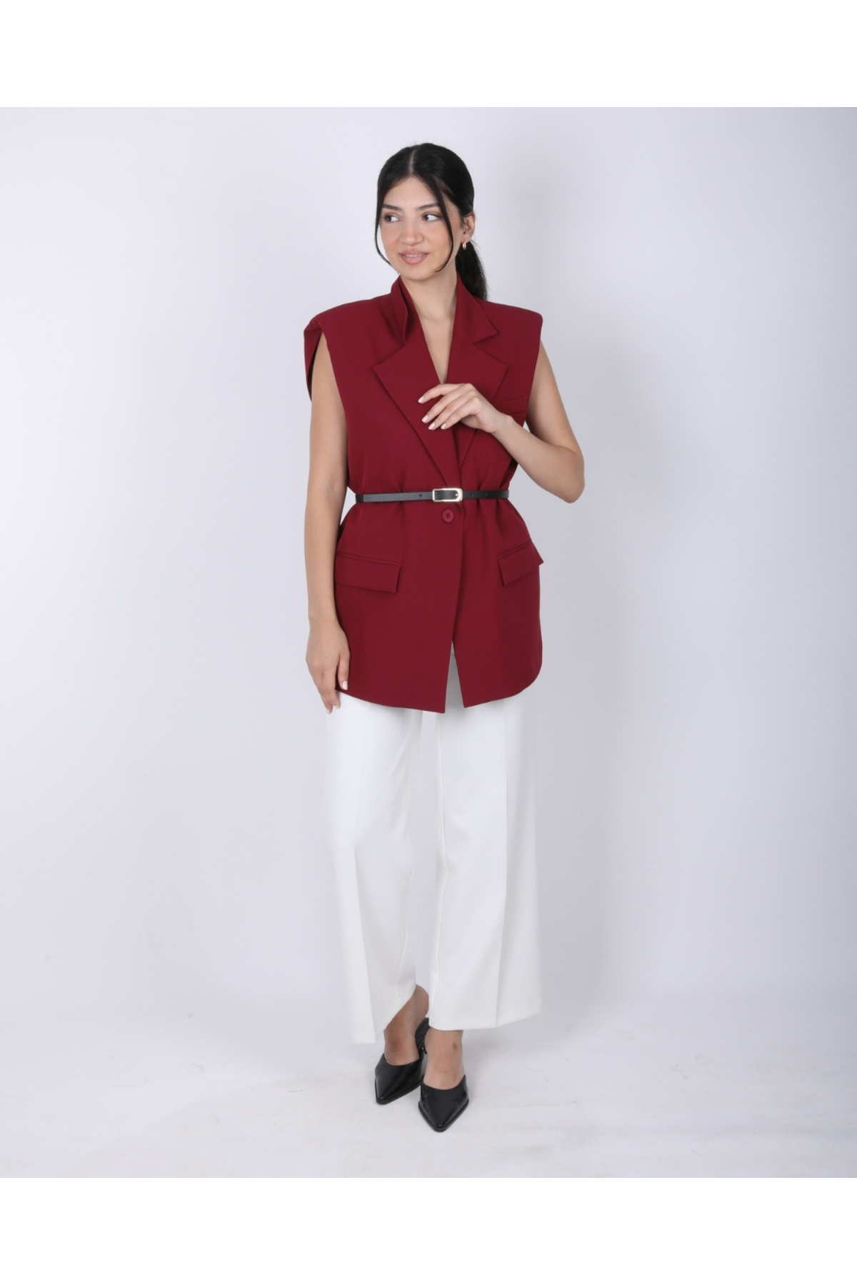 Bordo Vatkalı Kemerli Oversize Yelek