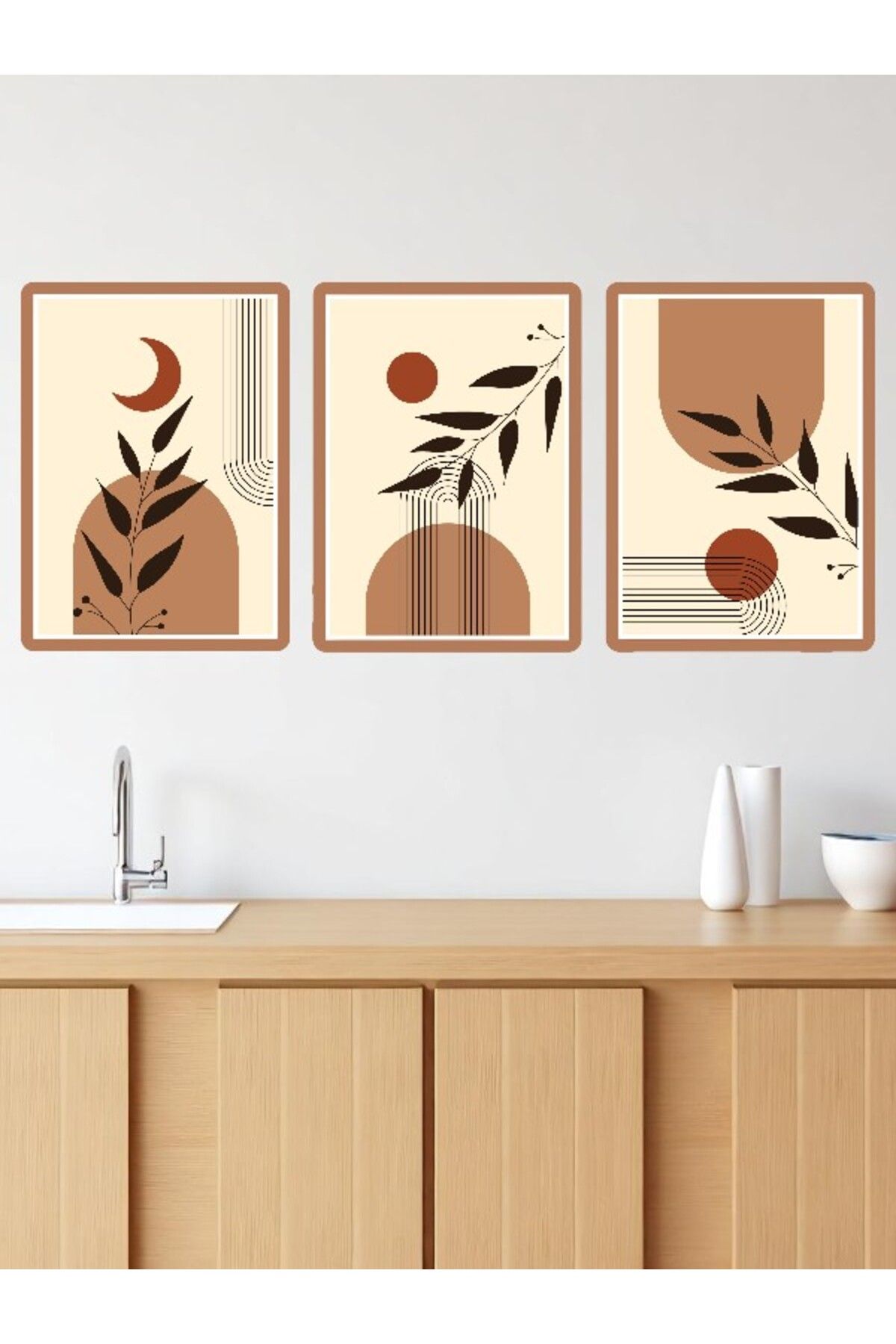 Gorgon Art Home 3'lü Bohem Tablo Seti Toprak Tonlar Mdf Çerçeve Görünümlü Tablo