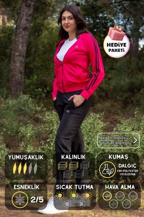 Azıcık Akıllı Kadın Fuşya Siyah Fermuarlı Kapüşonlu Dalgıç Scuba Kumaş Alt Üs...