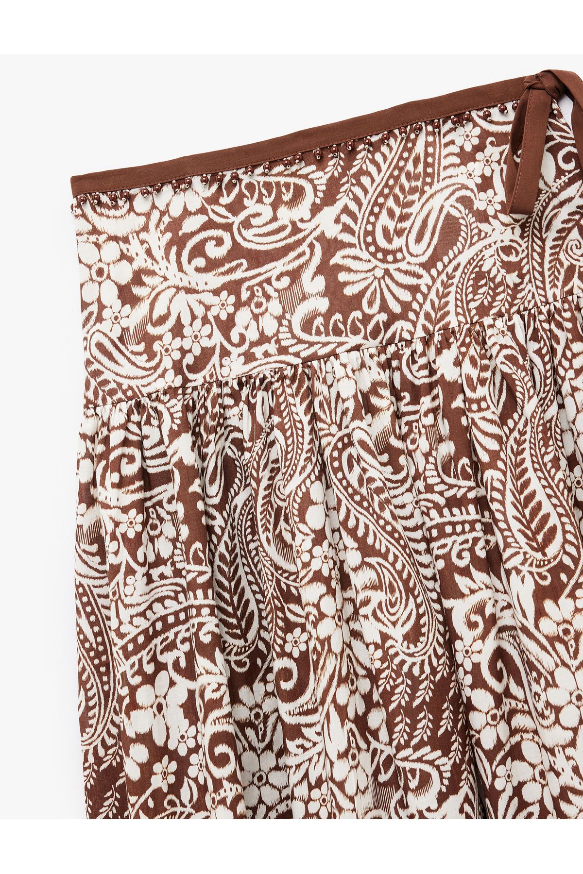 Koton-Cotton Ethnic Patterned Pleated Binding Detail Beaded Midi Length Flared Skirt 5