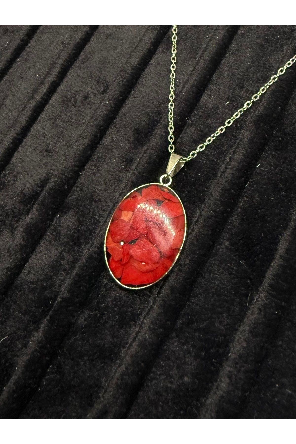 Gulsah's Store Çelik silver kırmızı renkli oval doğal taş kolye