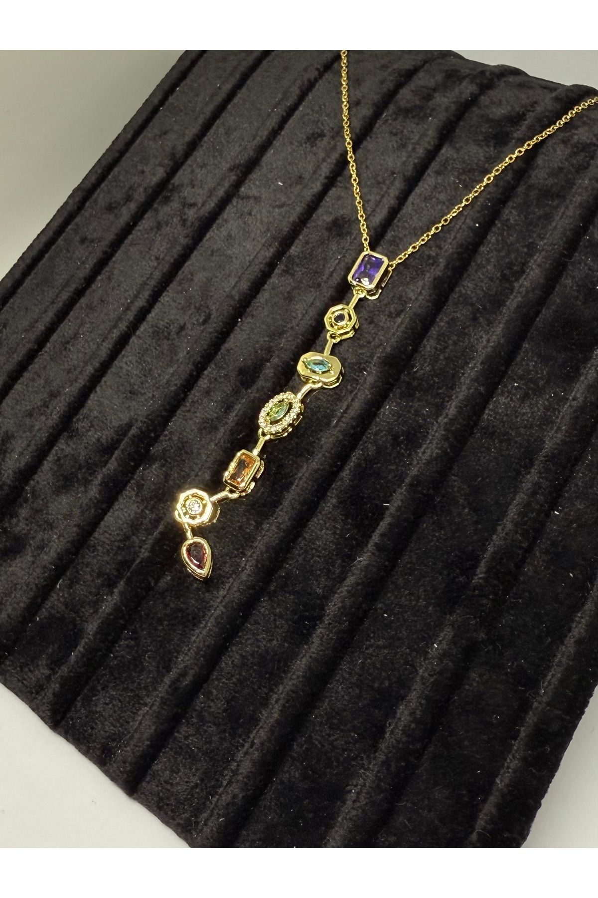 Gulsah's Store Çelik Gold Y, Melis, 7 Element Taş Uzun Kolye