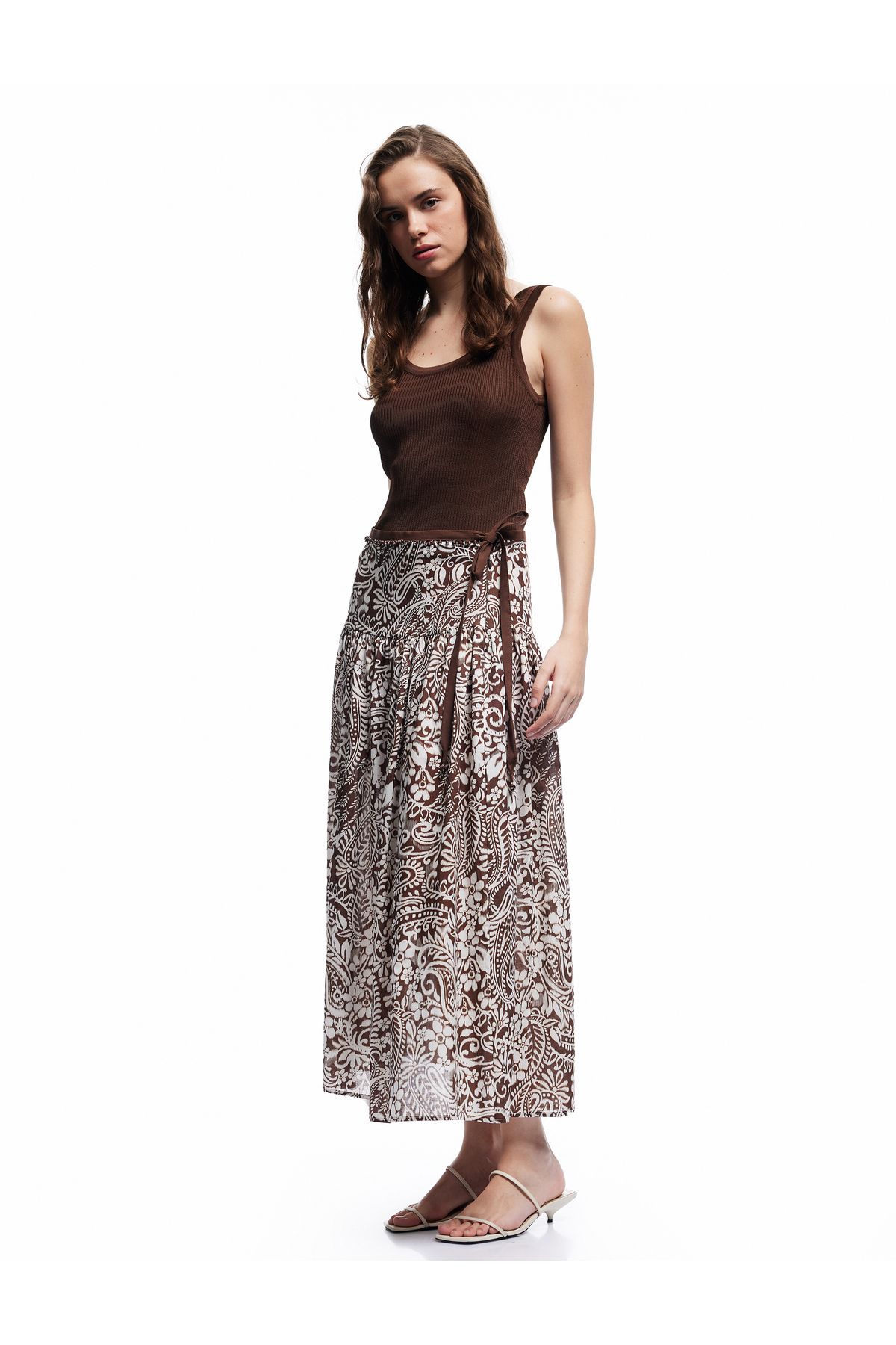 Koton-Cotton Ethnic Patterned Pleated Binding Detail Beaded Midi Length Flared Skirt 2