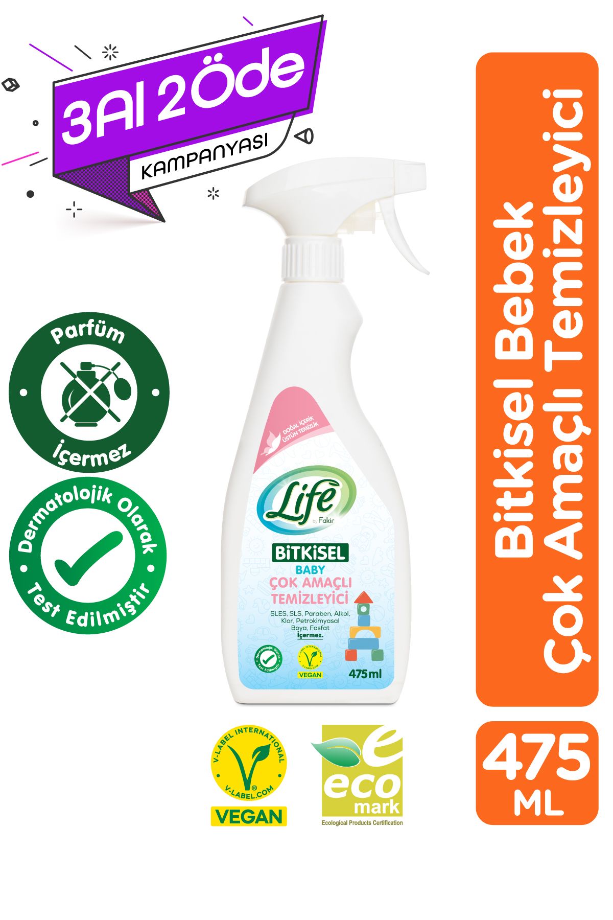 Life by Fakir Bitkisel Çok Amaçlı Temizleyici 475 ml – Bebek Yüzeyleri İçin Güvenli