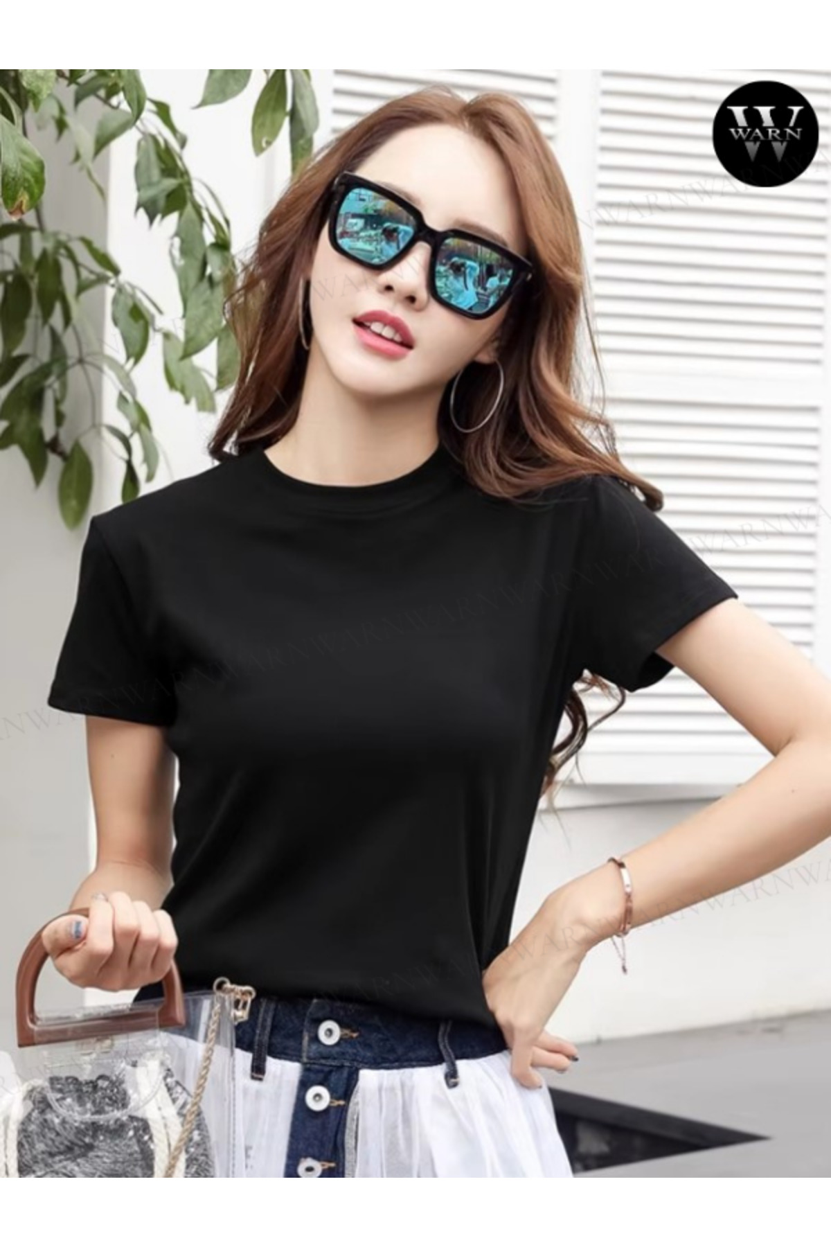 warn  Siyah Kadın Bisiklet Yaka Slimfit T-Shirt Esnek Likralı %100 Pamuk YAZLIK - Görsel 2