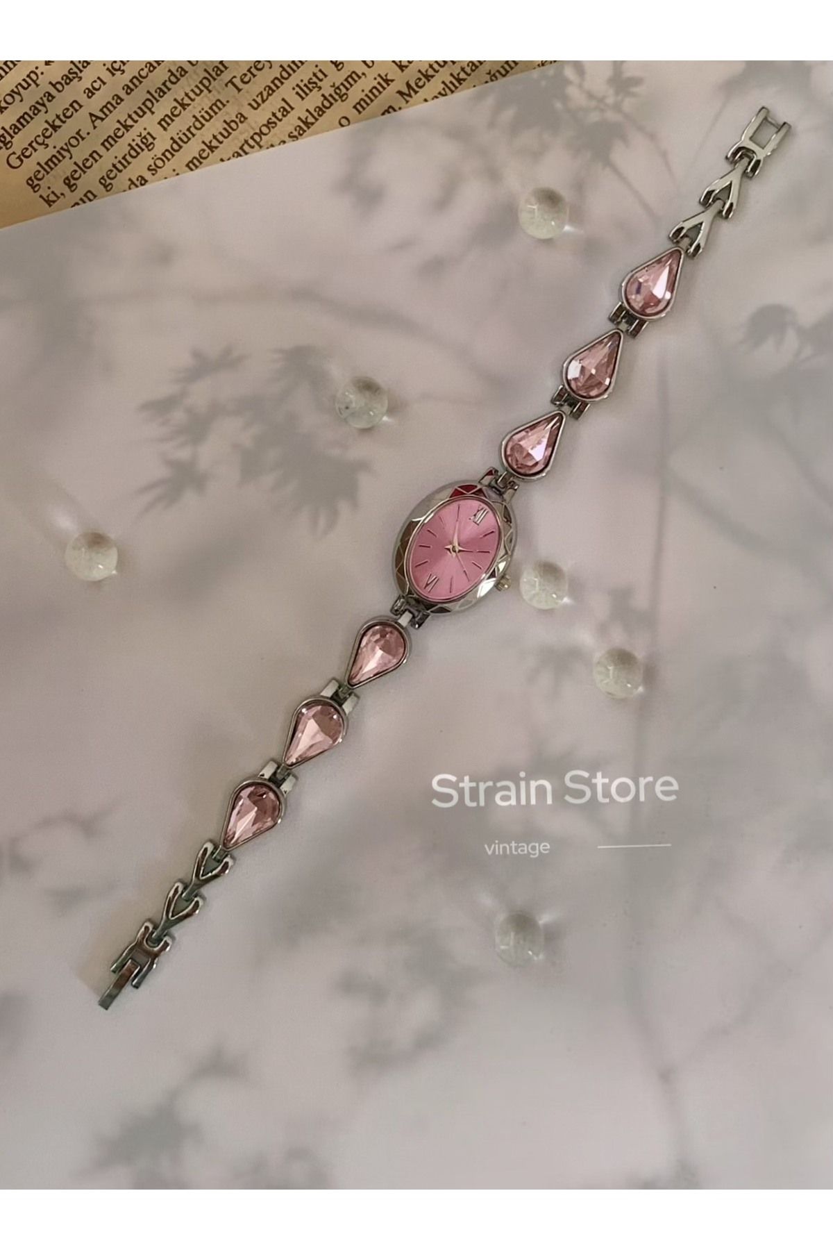 chaoyada Damla Taş Kordon Pembe Vintage Saat Hediye Kutusunda