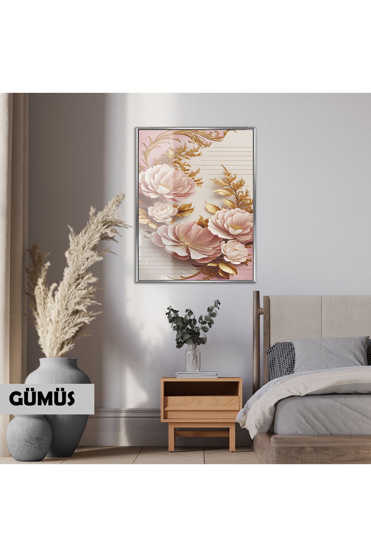 Harikabirev HARİKABİREV|PIN&GOLD ÇİÇEK MODELİ |ÇERÇEVELİ TEMPERLİ CAM TABLO TEKLİ DİKEY