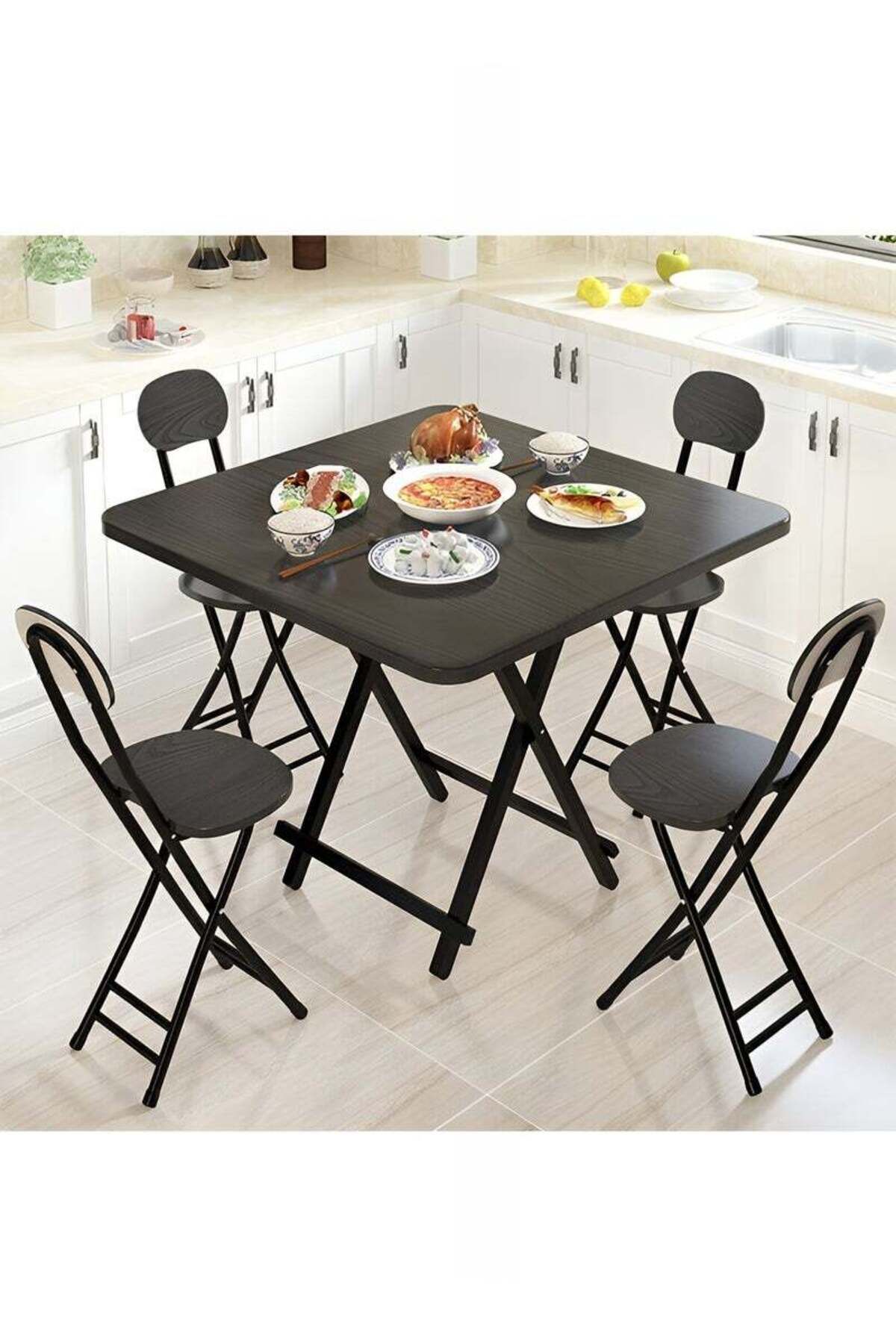 Taimi-5-Piece Folding Dining Set, Wooden Table 80x80x74cm with 2 Folding Chairs with Metal Frame - Black 1