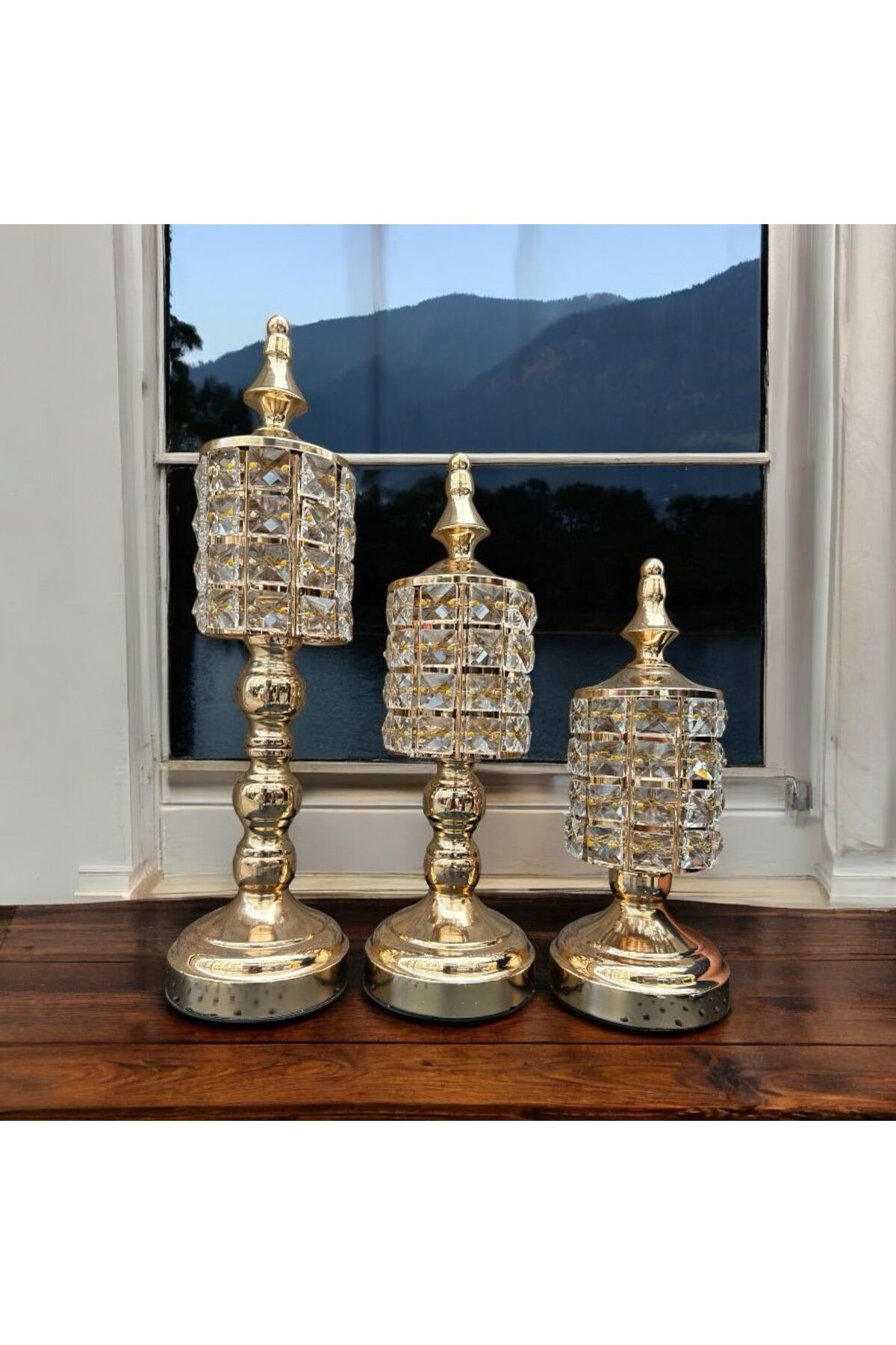 Peramari Dekoratif Metal Kristal Taşlı Üçlü Kapaklı Mumluk Set Gold