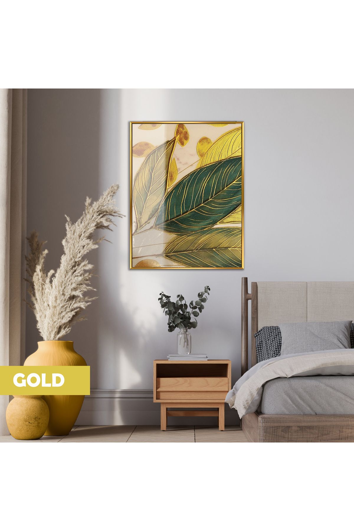 Harikabirev HARİKABİREV|GOLD-YEŞİL YAPRAK MODELİ(PAINTED LEAVES) 2 |ÇERÇEVELİ TEMPERLİ CAM TABLO TEKLİ DİKEY