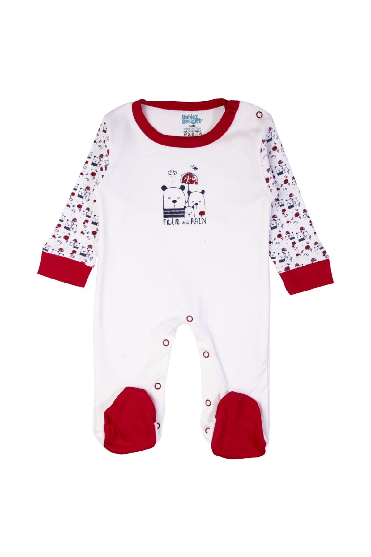 Babies Basic-5 piece New Born Set include Bib, Romper, Mittens, Cap, Sleepsuit- Rain, Red 4