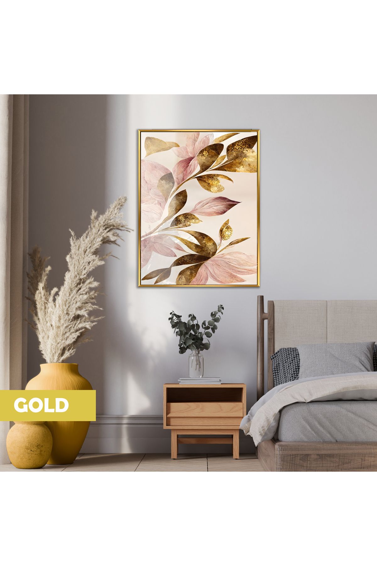 Harikabirev HARİKABİREV|GOLDENROSE|YAPRAK DETAY MODEL|ÇERÇEVELİ TEMPERLİ CAM TABLO TEKLİ DİKEY