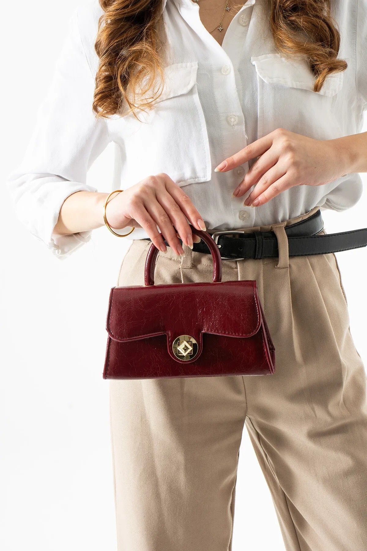Classbag Kadın Bordo Deri , Gold Düğme Kapak Detaylı El ve Omuz Çantası