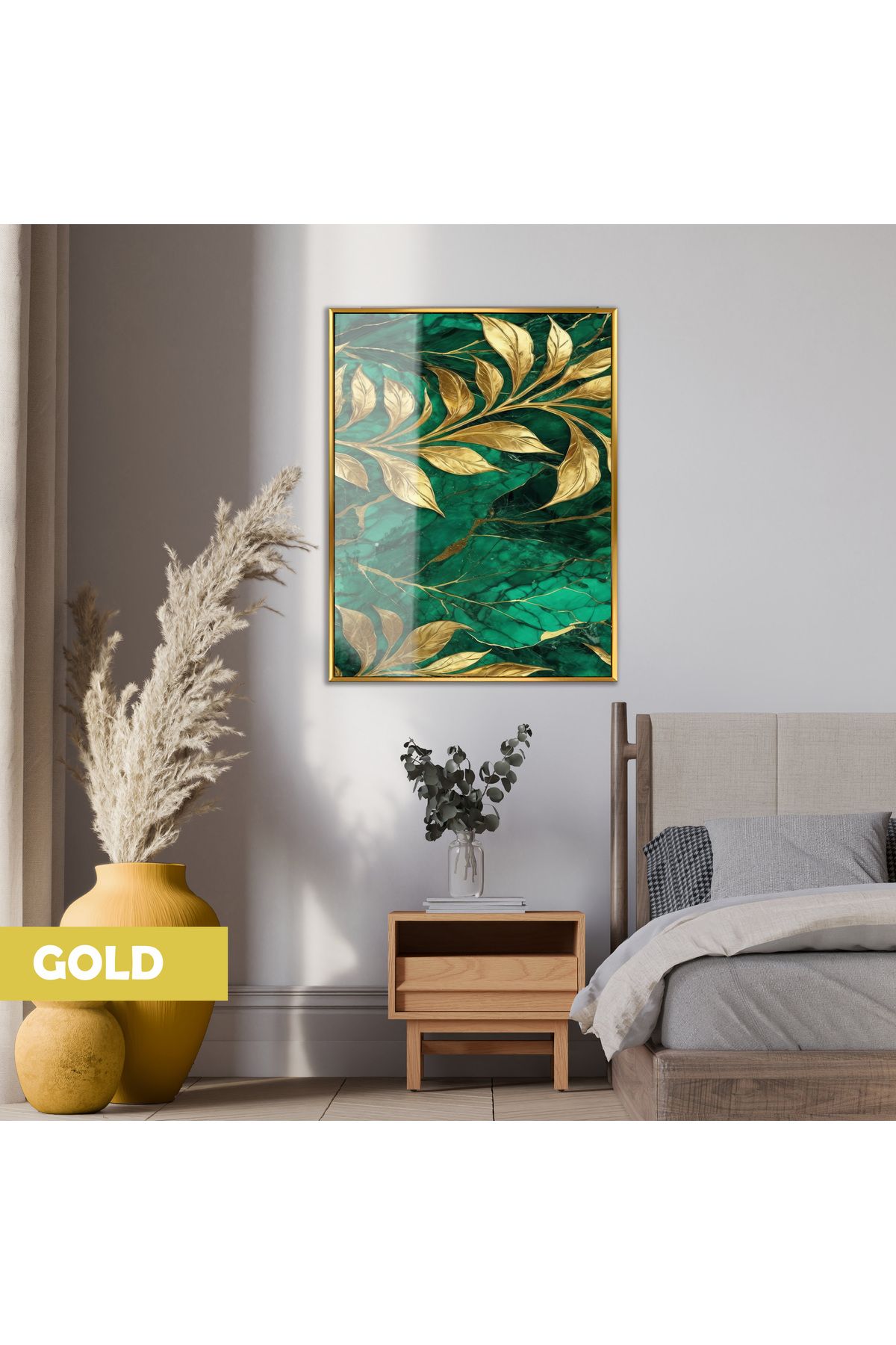 Harikabirev HARİKABİREV|YEŞİL GOLD YAPRAK DESENİ(EMERALD)|ÇERÇEVELİ TEMPERLİ CAM TABLO TEKLİ DİKEY