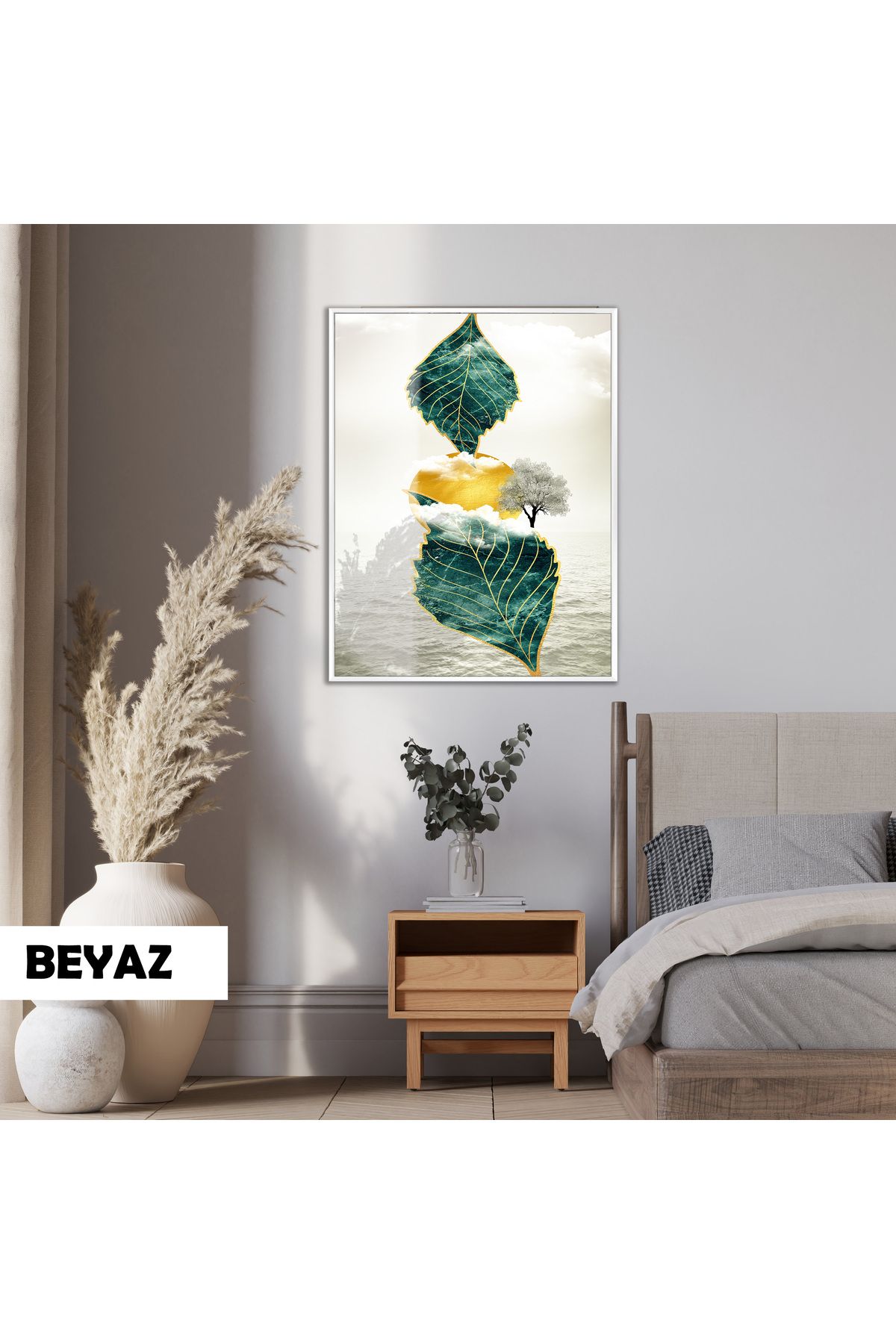 Harikabirev HARİKABİREV|YEŞİL-GOLD YAPRAK MODERN MODEL|ÇERÇEVELİ CAM |ÇERÇEVELİ TEMPERLİ CAM TABLO TEKLİ DİKEY