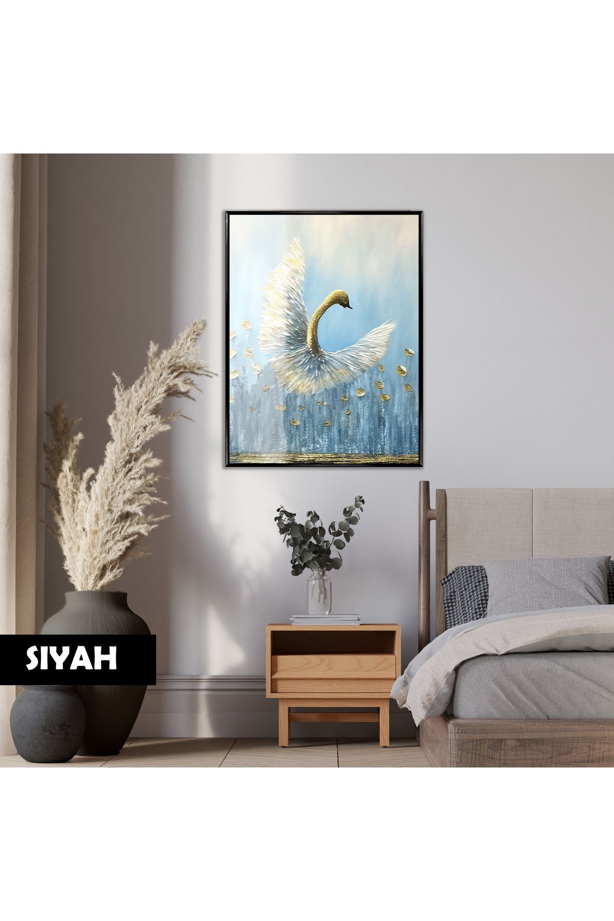 Harikabirev HARİKABİREV|SOFT MAVİ GOLD KUĞU MODELİ|ÇERÇEVELİ TEMPERLİ CAM TABLO TEKLİ DİKEY