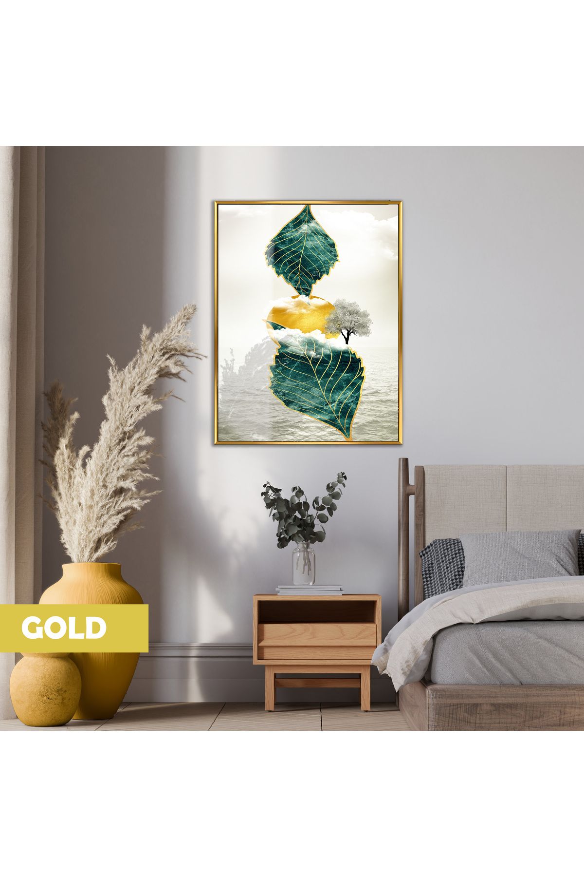 Harikabirev HARİKABİREV|YEŞİL-GOLD YAPRAK MODERN MODEL|ÇERÇEVELİ CAM |ÇERÇEVELİ TEMPERLİ CAM TABLO TEKLİ DİKEY
