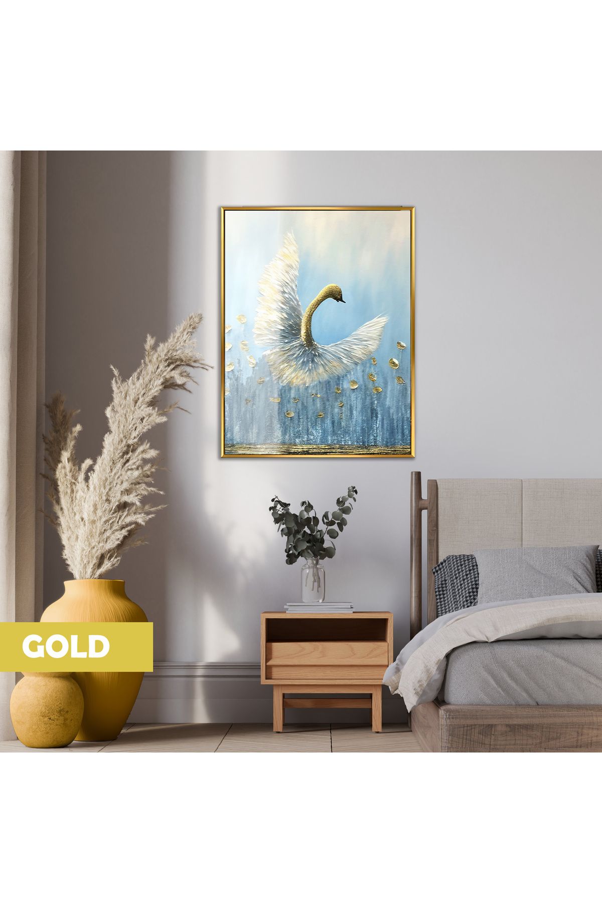 Harikabirev HARİKABİREV|SOFT MAVİ GOLD KUĞU MODELİ|ÇERÇEVELİ TEMPERLİ CAM TABLO TEKLİ DİKEY