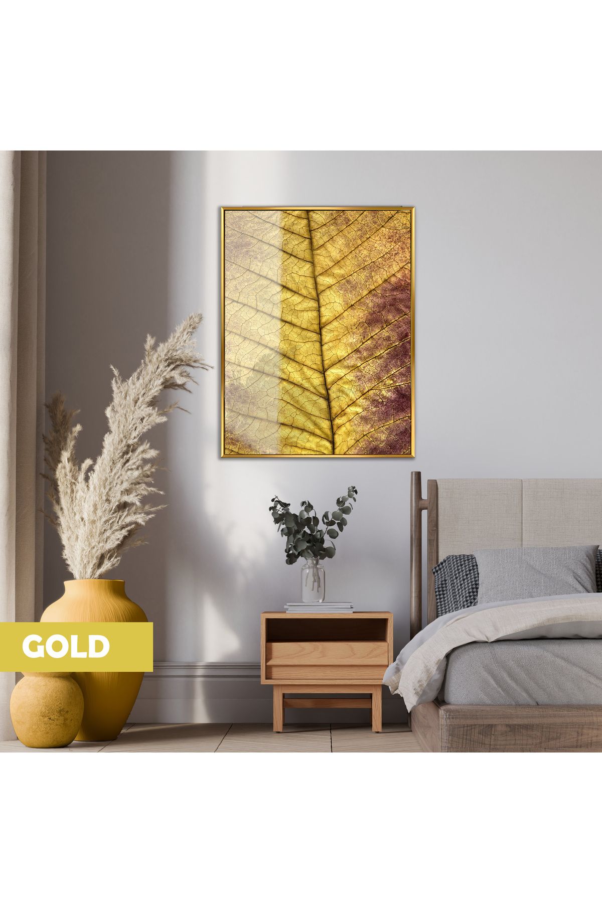 Harikabirev HARİKABİREV|GOLD YAPRAK MODELİ (MACRO) |ÇERÇEVELİ TEMPERLİ CAM TABLO TEKLİ DİKEY
