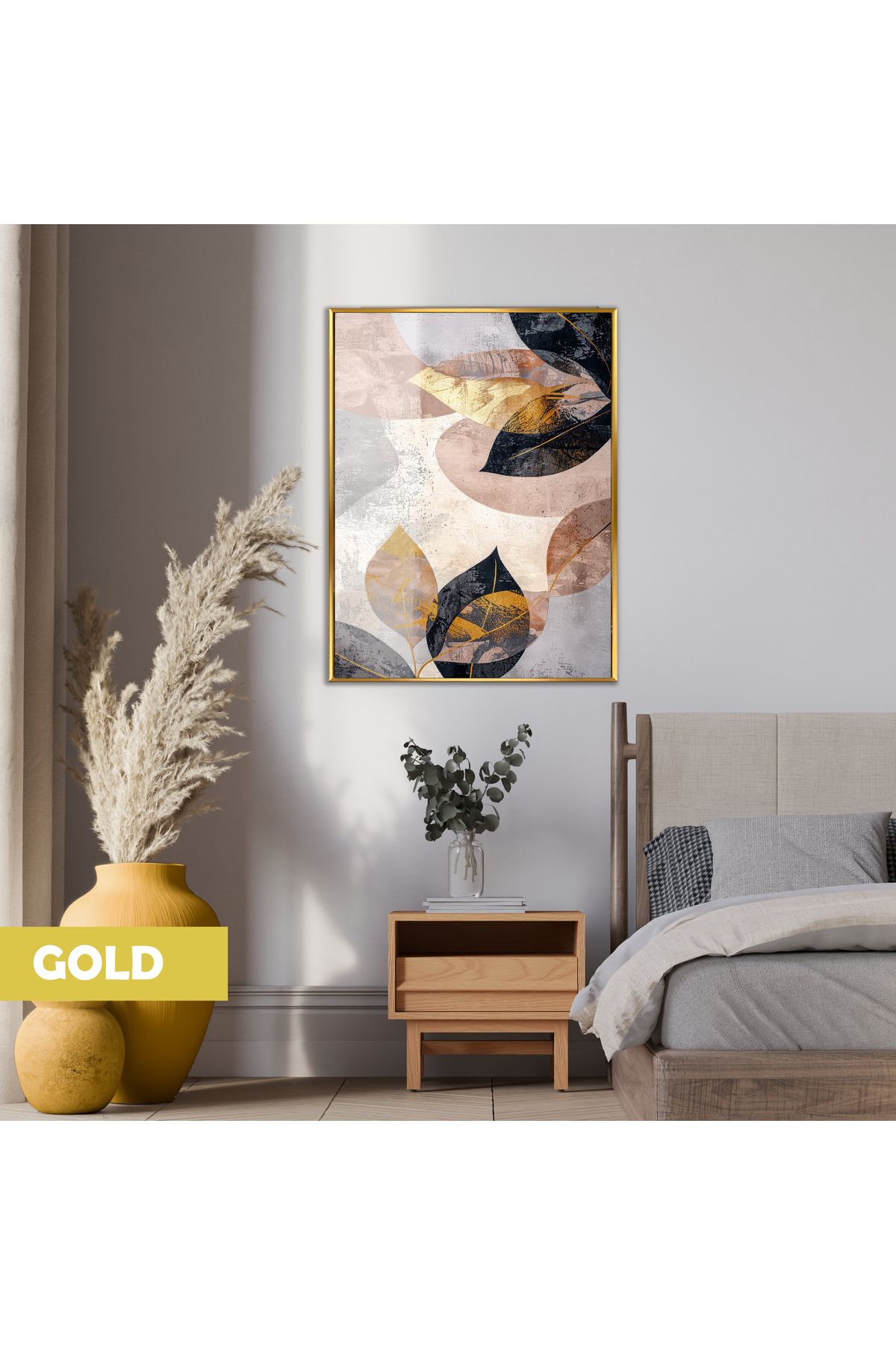 Harikabirev HARİKABİREV|SOFT SOYUT YAPRAK MODELİ (GOLD-BLACK) |ÇERÇEVELİ TEMPERLİ CAM TABLO TEKLİ DİKEY