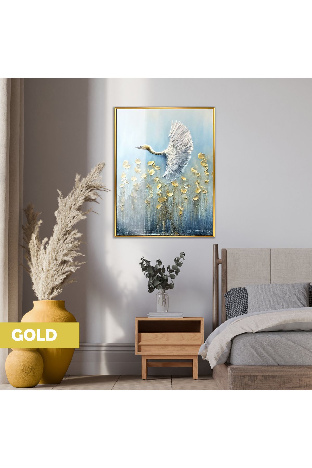 Harikabirev HARİKABİREV| 02 SOFT MAVİ GOLD KUĞU MODELİ|ÇERÇEVELİ TEMPERLİ CAM TABLO TEKLİ DİKEY