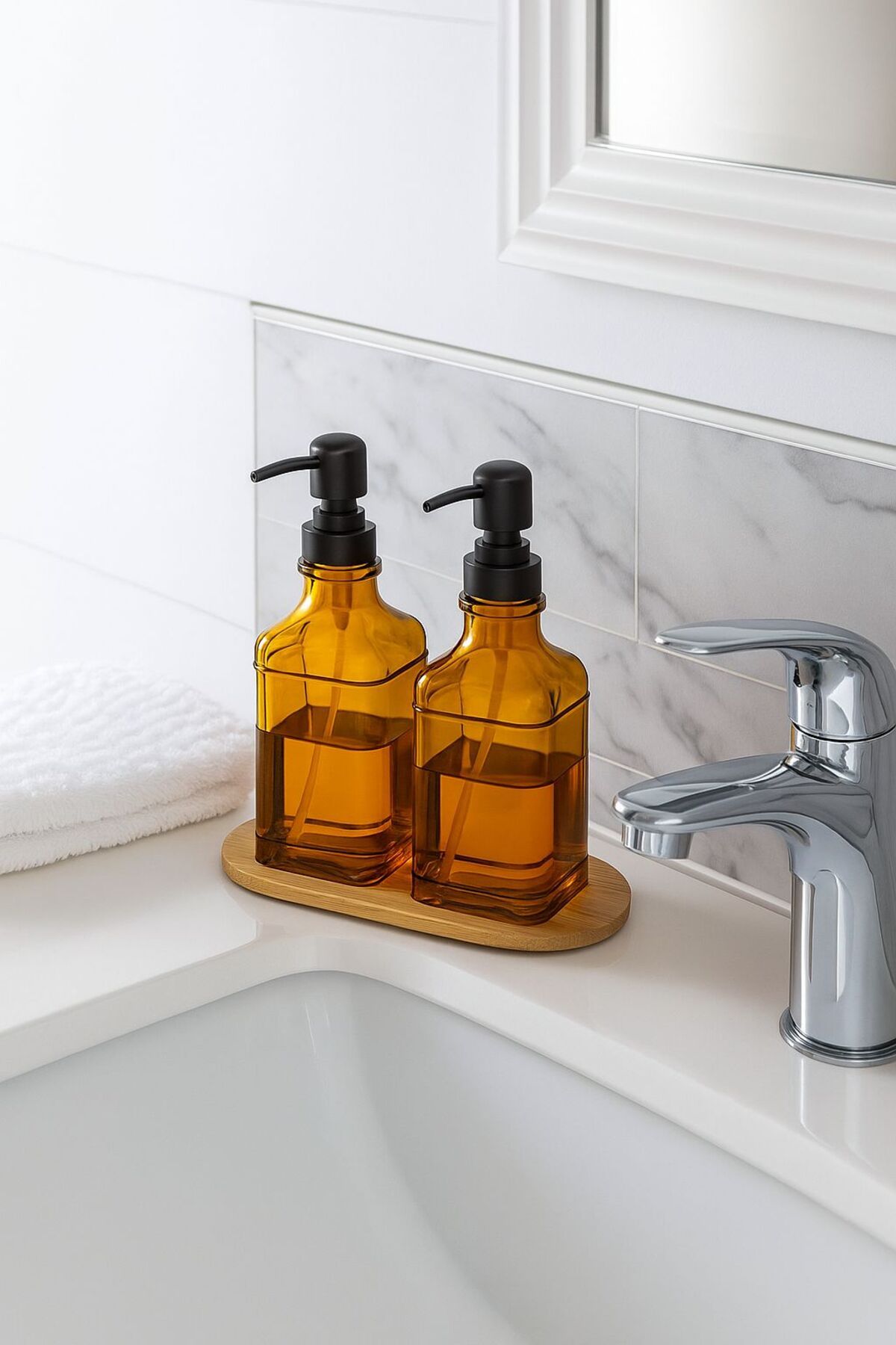 Bayev Favorite Bambu Standlı 2'Li Amber Sıvı Sabunluk Set