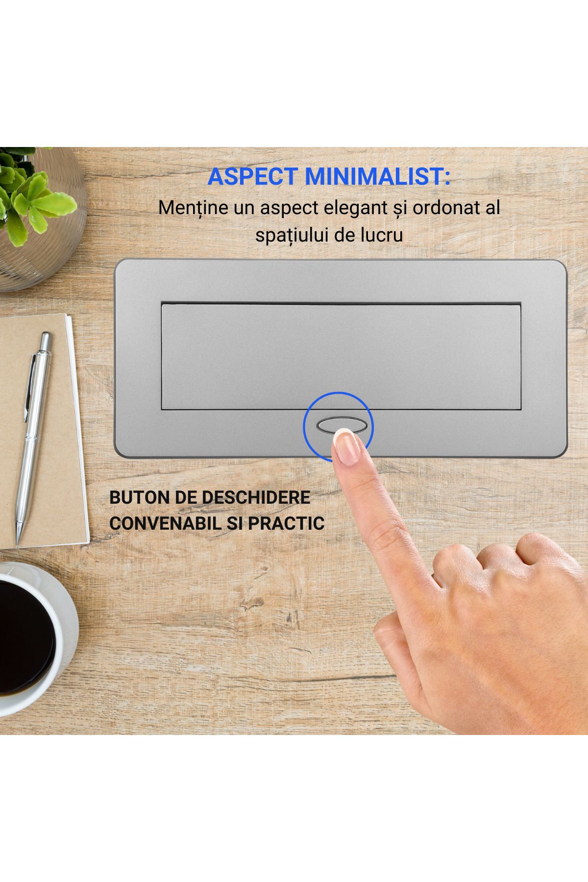 ATOMKIT-Ain Countertop Built-in Socket, 2 EU Inputs, USB-A and USB-C, 2.1a, Lift Button, Silver 7