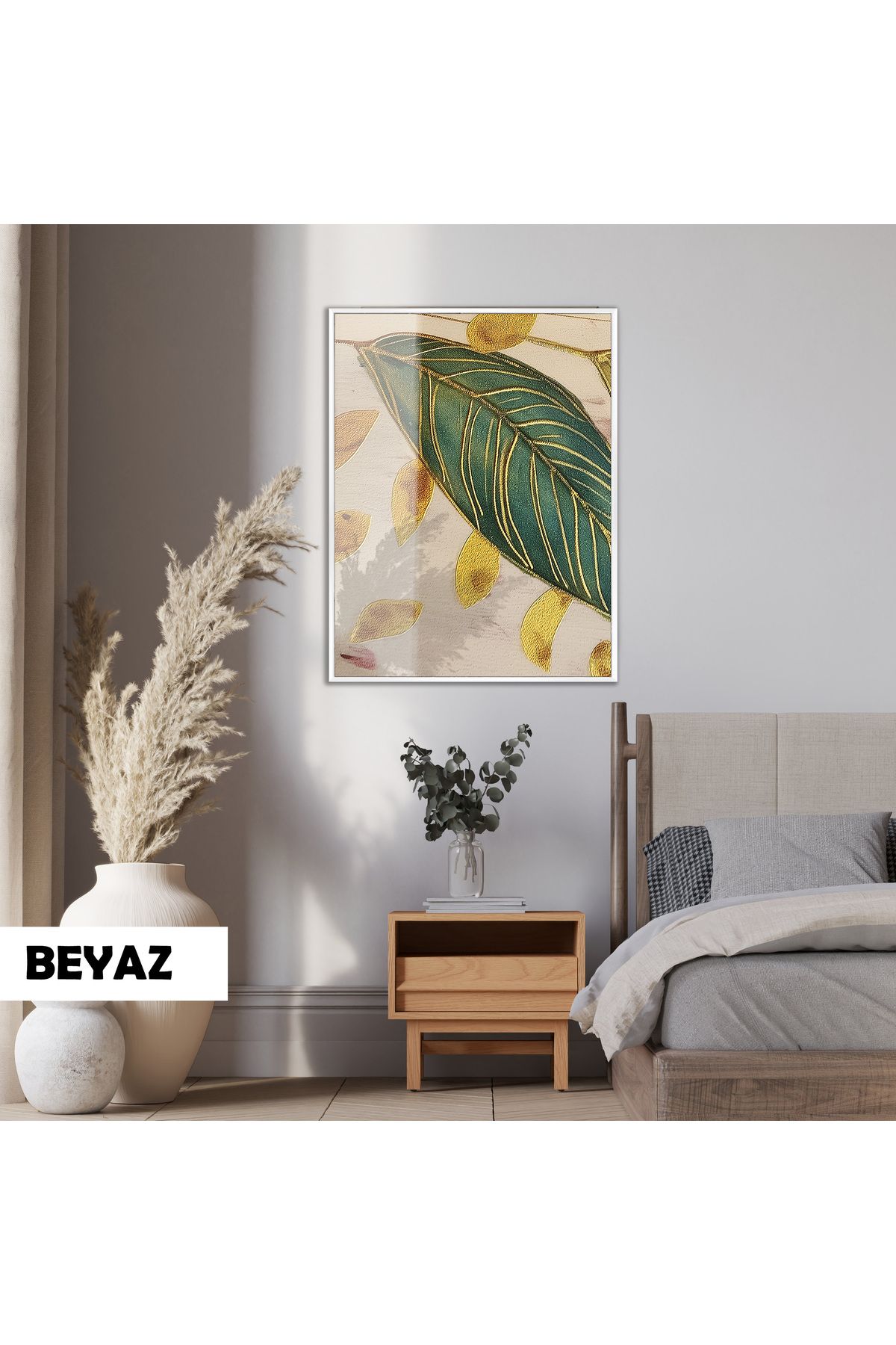 Harikabirev HARİKABİREV|GOLD-YEŞİL YAPRAK MODELİ(PAINTED LEAVES) |ÇERÇEVELİ TEMPERLİ CAM TABLO TEKLİ DİKEY