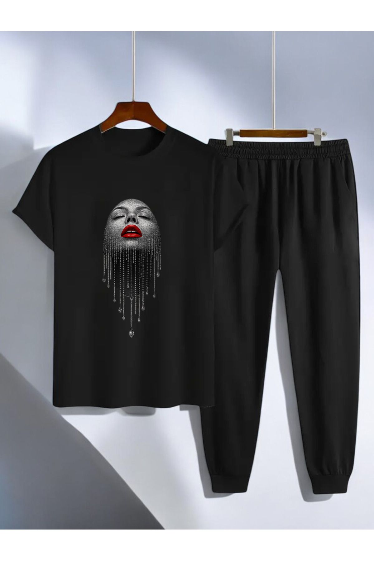 uyguntarz Unisex Pırlantalı Kadın Portresi Tasarım Basklı Tshirt Eşofman Takımı
