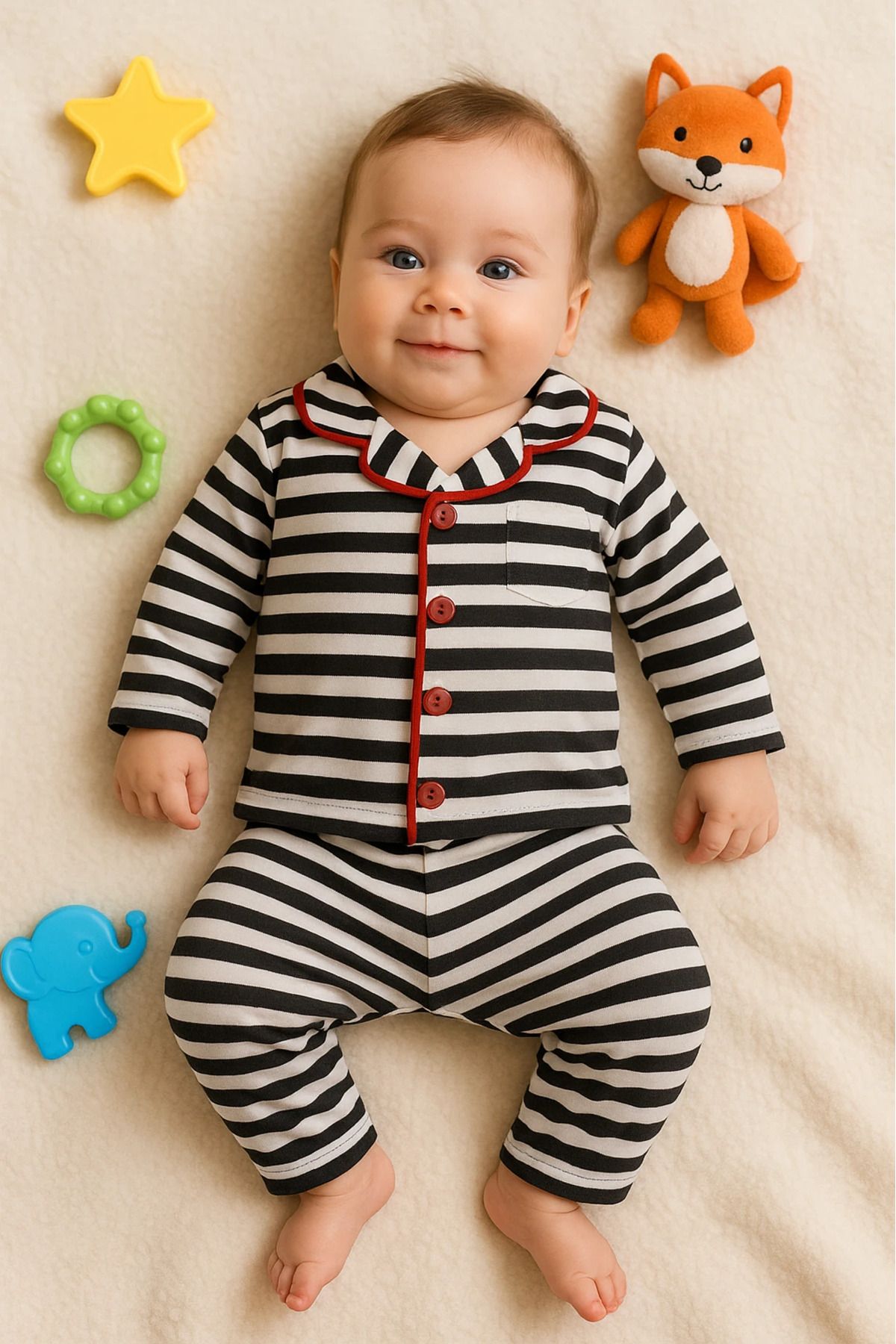 BEBEYOGİ Çocuk Takım Pijama Çizgili Kırmızı Yaka Detaylı
