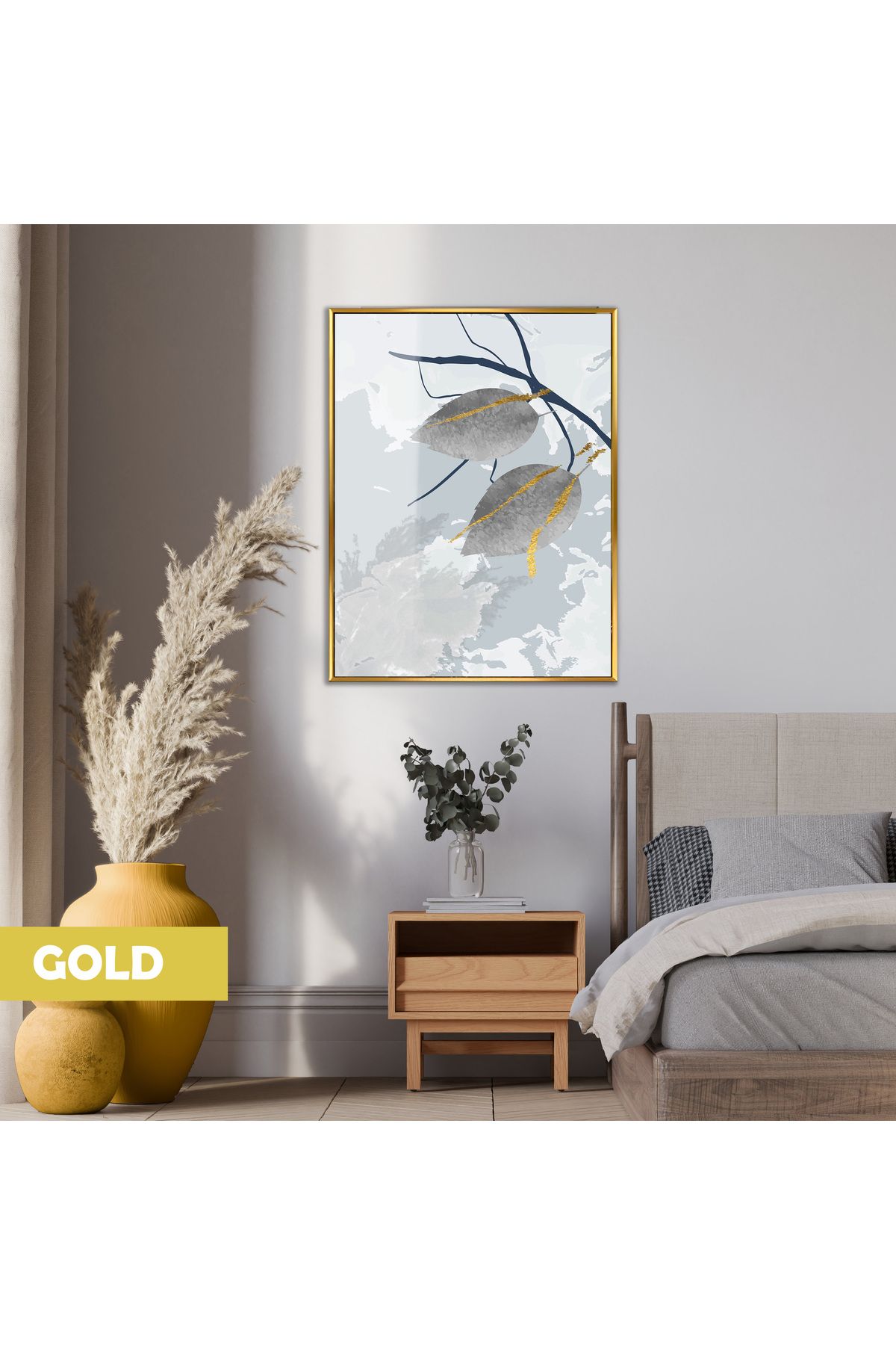 Harikabirev HARİKABİREV|SOFT GRİ GOLD YAPRAKI DESENİ |ÇERÇEVELİ TEMPERLİ CAM TABLO TEKLİ DİKEY