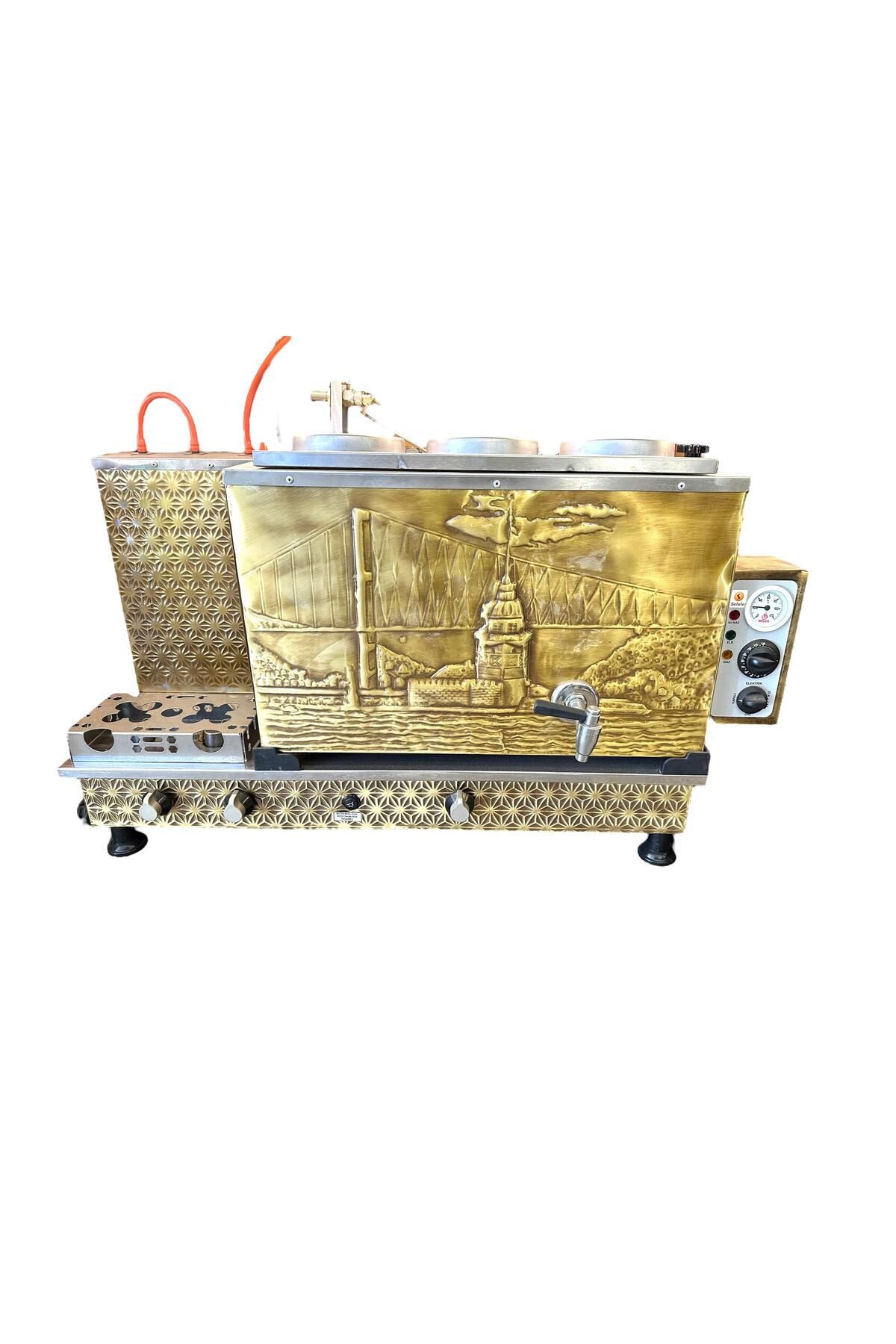Meşale 3 Demlikli Pirinç Kız Kulesi Elektrik + Gazlı Full Otomatik Çay Kazanı