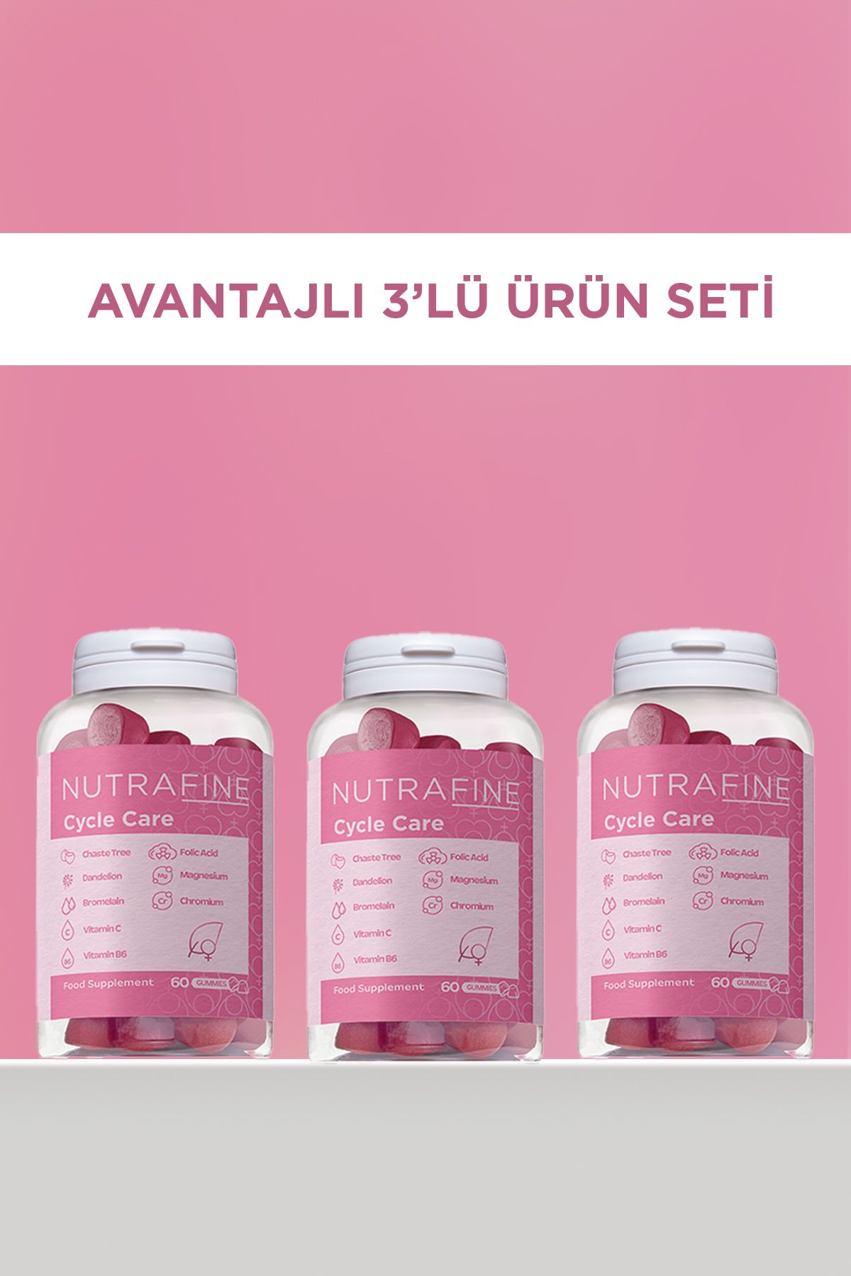 Nutrafine 3'lü Cycle Care Gummy, Kadınlar için Özel Formül Çiğnenebilir Vitamin, PMS Destekleyici Gummies